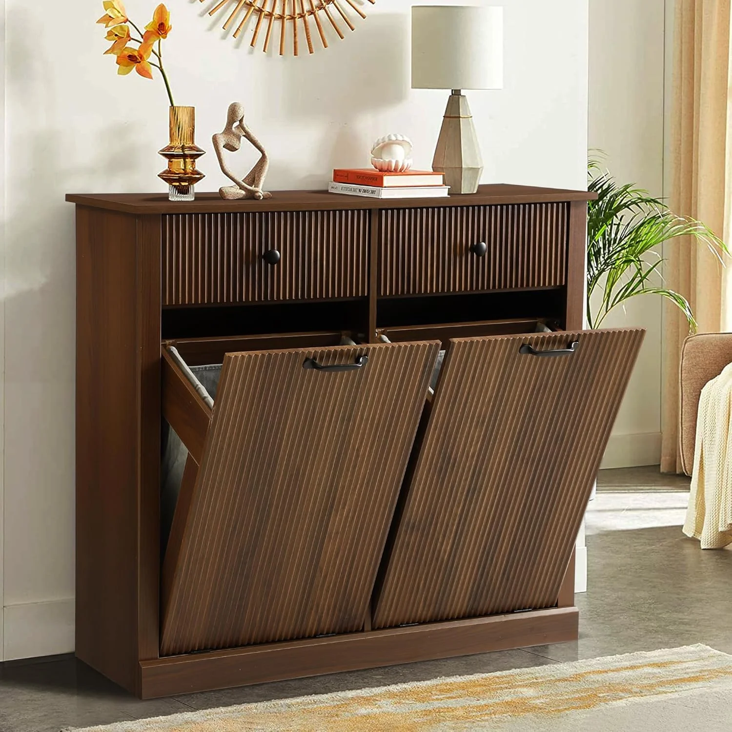 Haverchair Double Tilt Out Laundry Hamper Cabinet, Modern Fluted Trash Can Cabinets with Drawer, Wooden Hidden Garbage Cabinet for Kitchen and Bathroom - Image 13