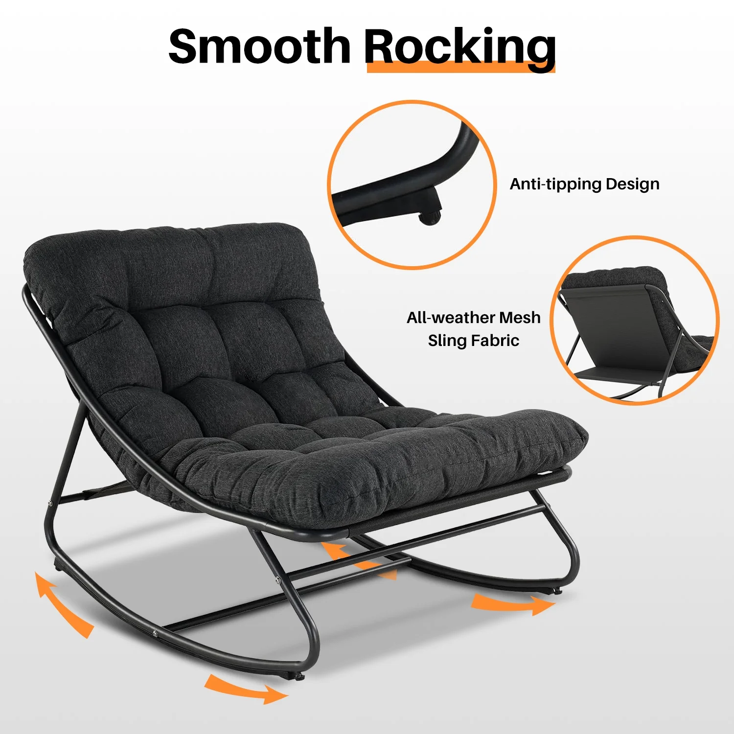 Outdoor Rocking Chair, Indoor Oversized Comfy Reading Chairs Set with Cushion, Patio Rocker Recliner Chair, Grey - Image 4