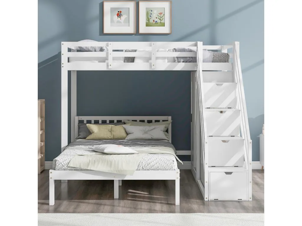 Litera infantil 90x200 cm 120x200 cm - con armario y escalera almacenaje - en Alkihogares maciza y MDF - Blanco