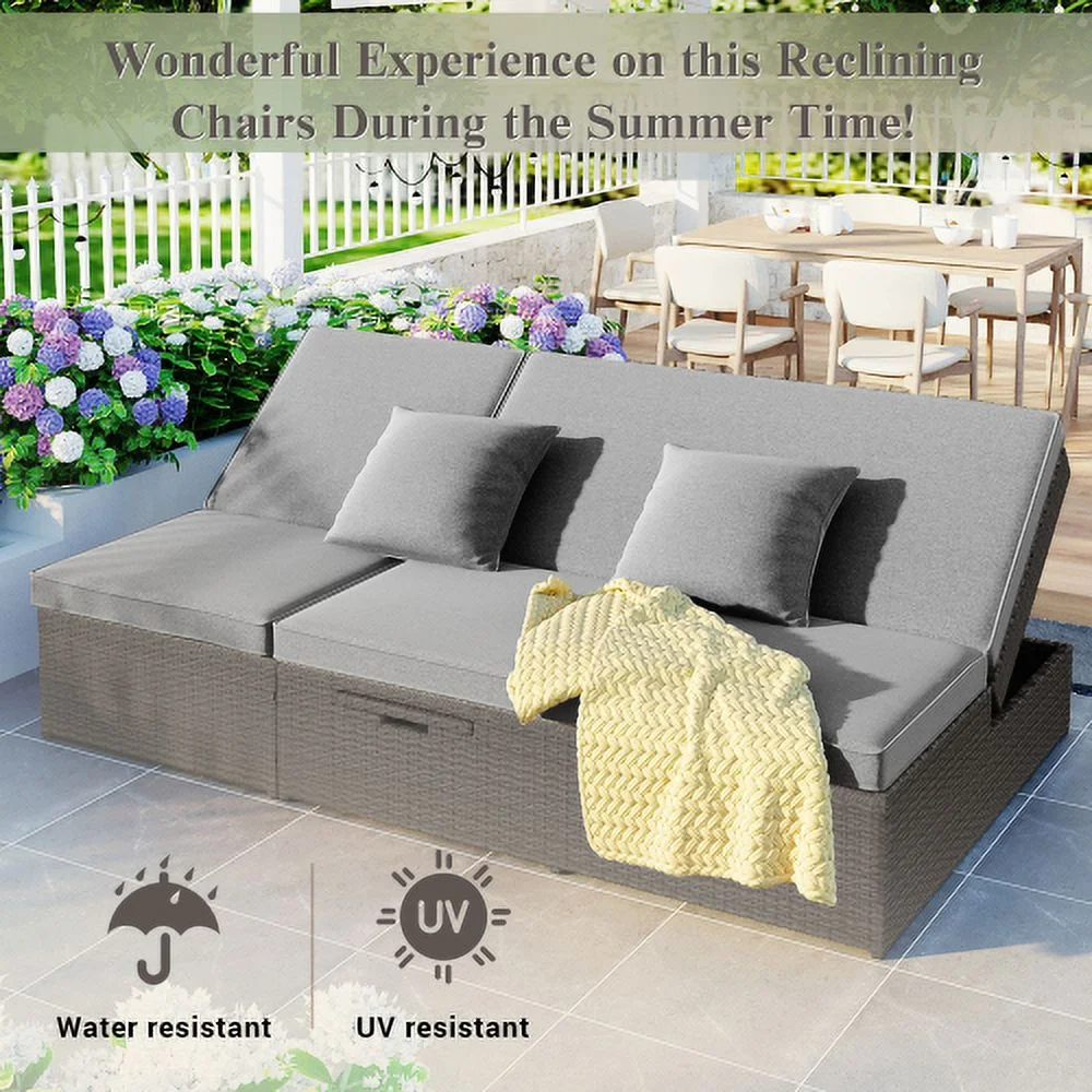 Harper & Bright Designs Rattan Outdoor Double Lounge Chaise 2-Person PE Wicker Outdoor Patio Sunbed with Canopy Cover for Backyard Garden Balcony, Beige+Black - Image 57