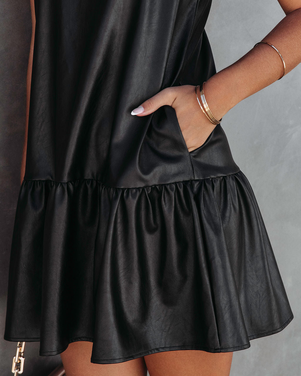 Tyler Pocketed Faux Leather Mini Dress - Black - Se7enfashion
