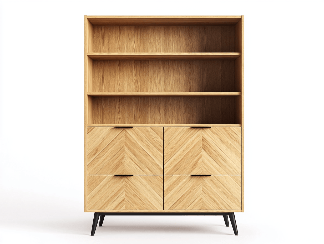 Librería estilo Mid-Century 90×38×175 cm – roble natural con diseño espiga – estantes abiertos y armario inferior con puertas