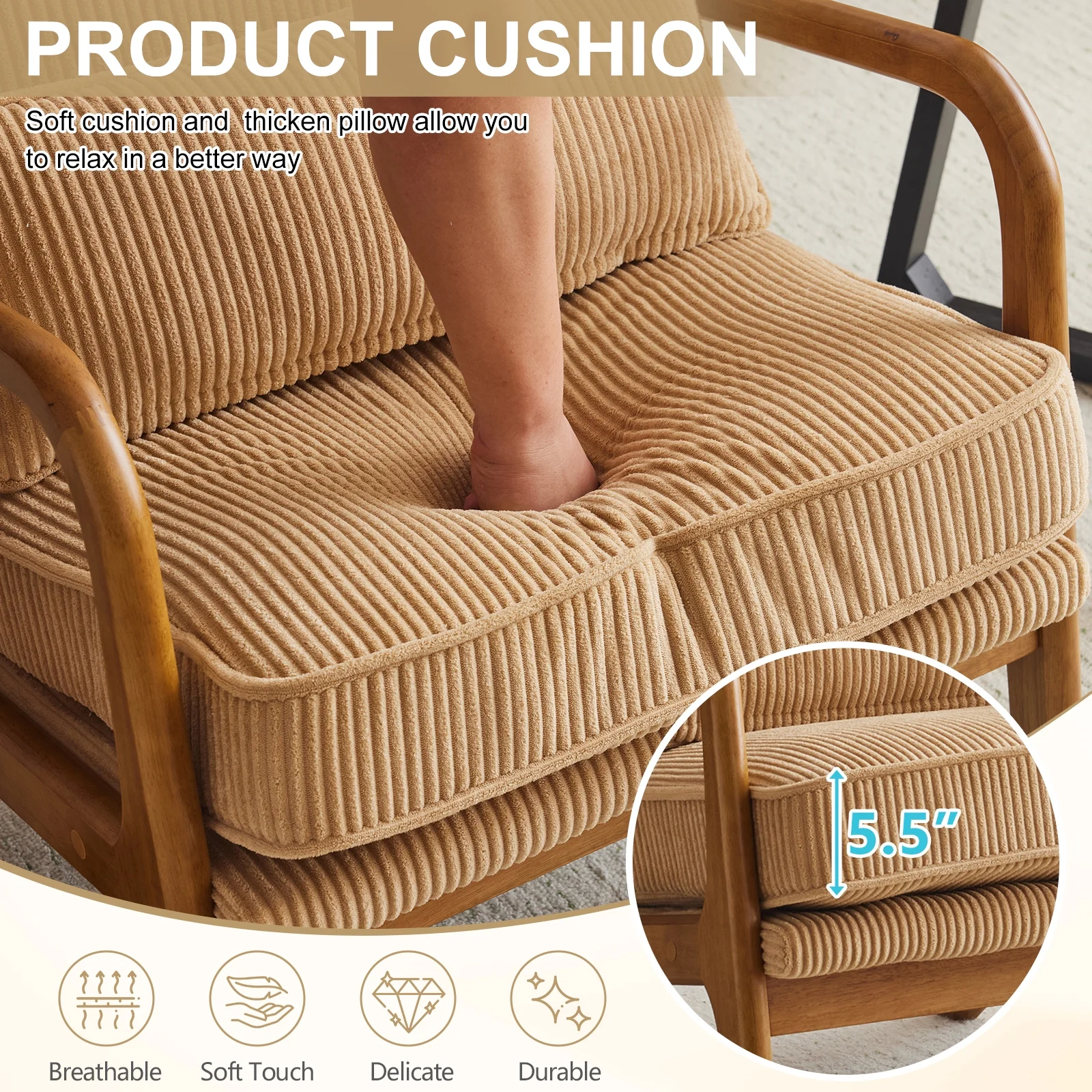 Ktaxon Accent Chair Corduroy Upholstered Armchair, Reading Club Chair with Pillow and Solid Wood Frame for Living Room Bedroom Furniture Off White - Image 78