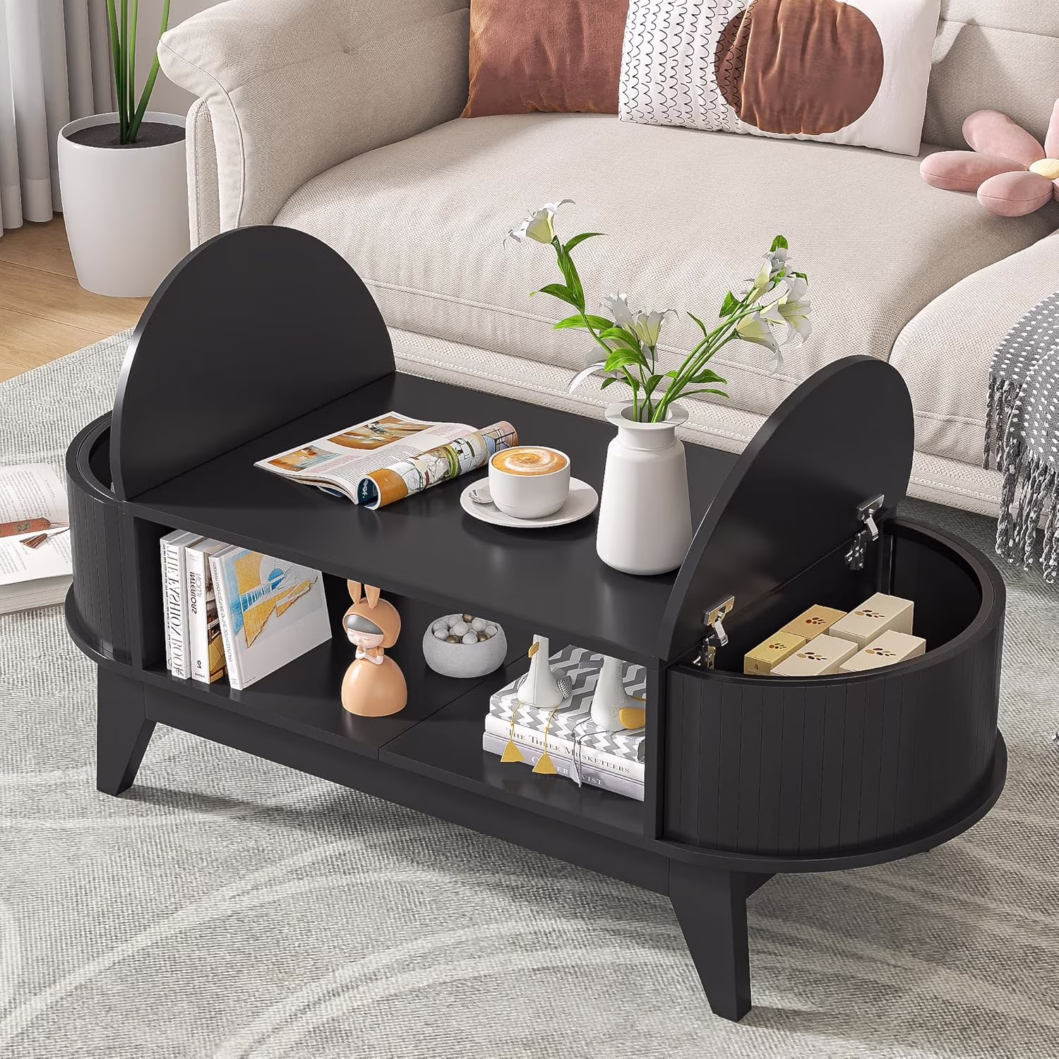 Fluted Coffee Table with Storage, Modern Coffee Tables, Wood Accent Center Table - Image 3