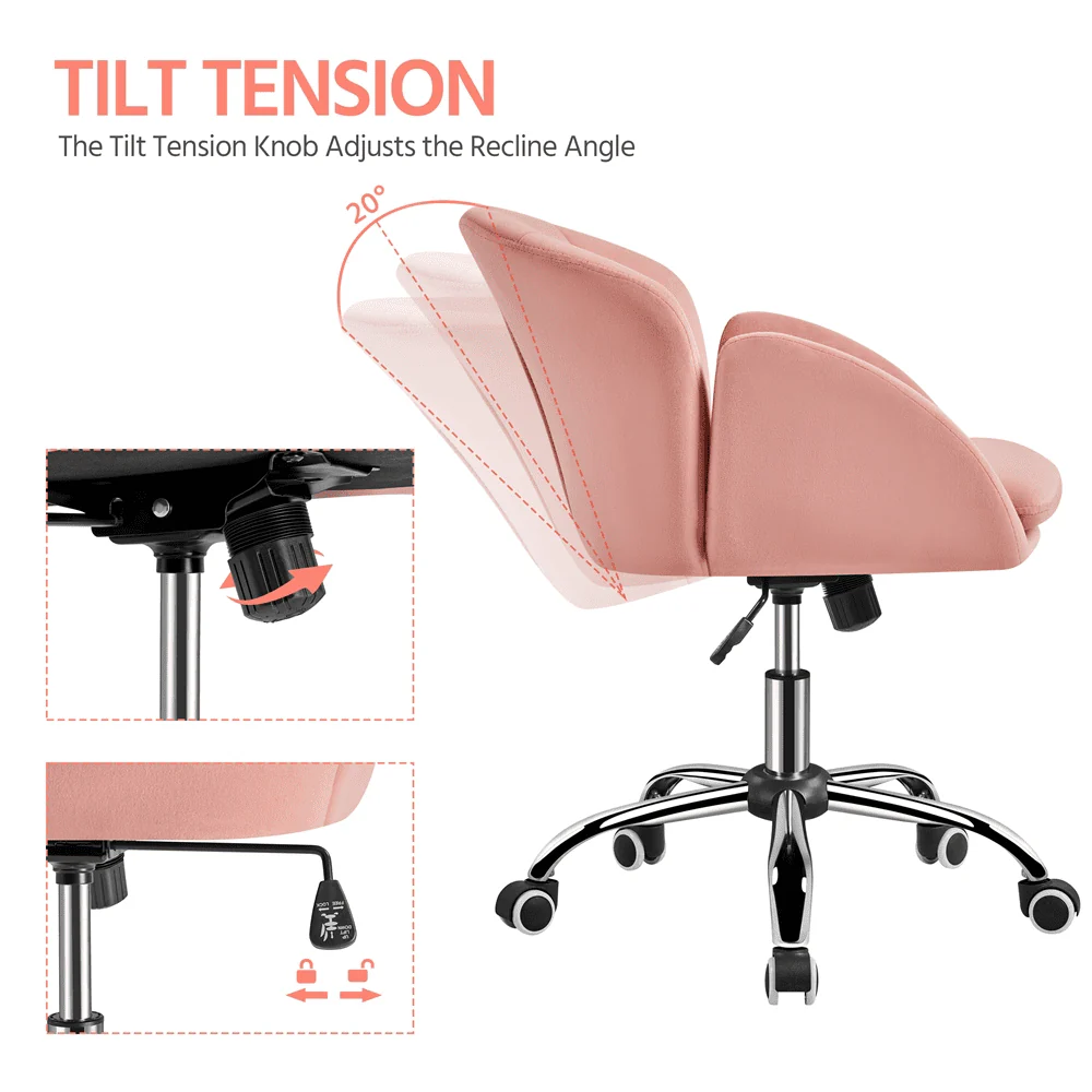 Yaheetech Modern Vanity Chair Swivel Rolling Chair with Armrests, Pink - Image 5