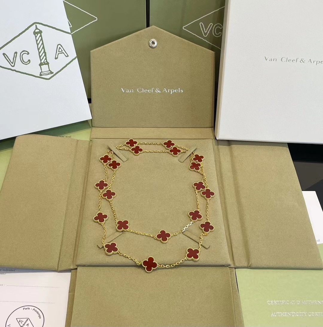 VCA Yellow Gold 20 Carnelian Clover Vintage Alhambra Long Necklace - Original Replica Club