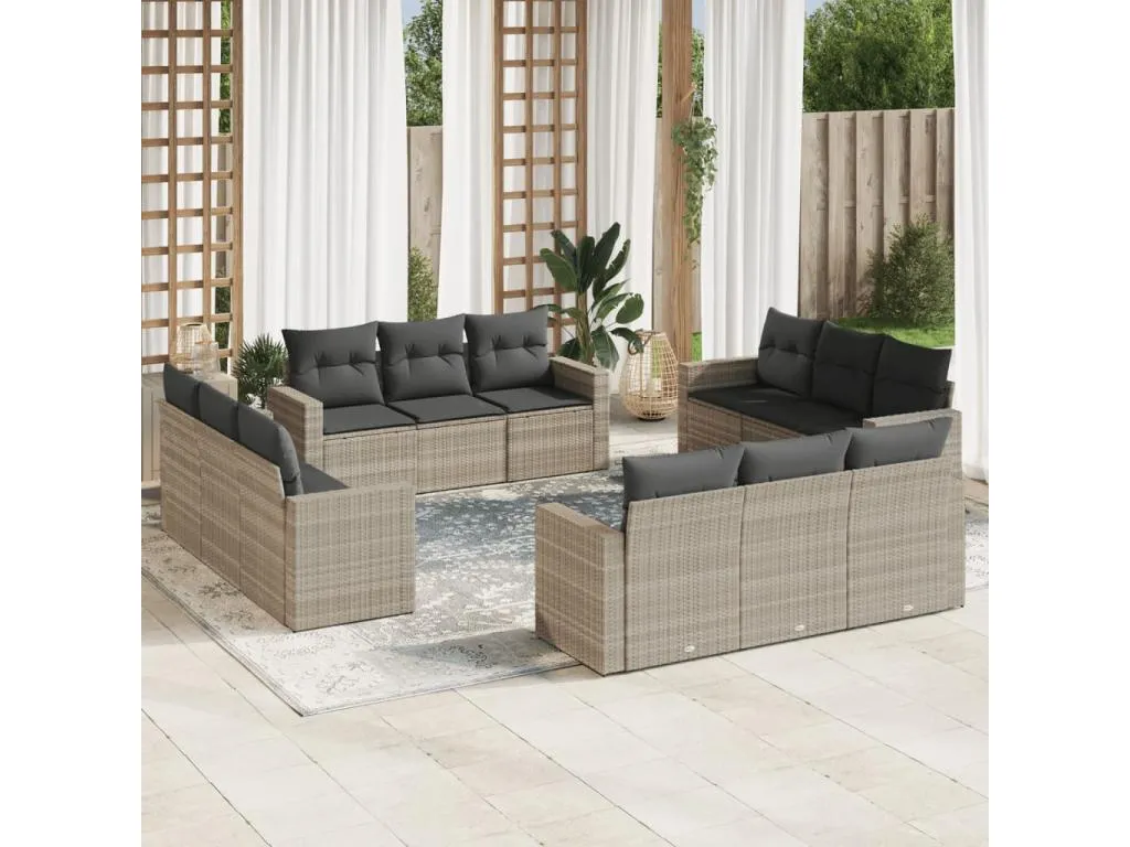 Set de sofás de jardín 12 pzas y cojines ratán sintético gris