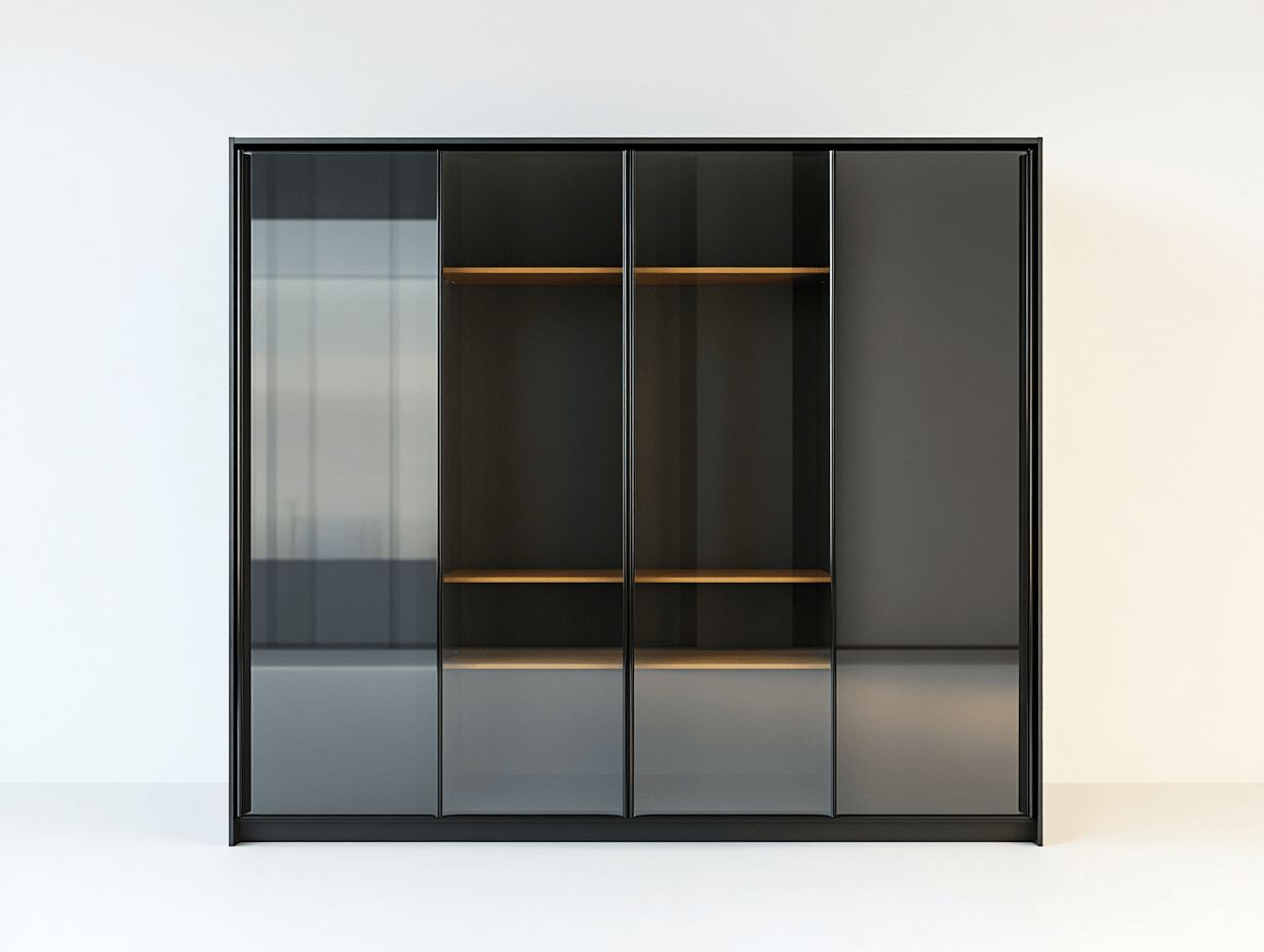 Armario de vidrio negro y gris con puertas correderas y estantes de madera iluminados