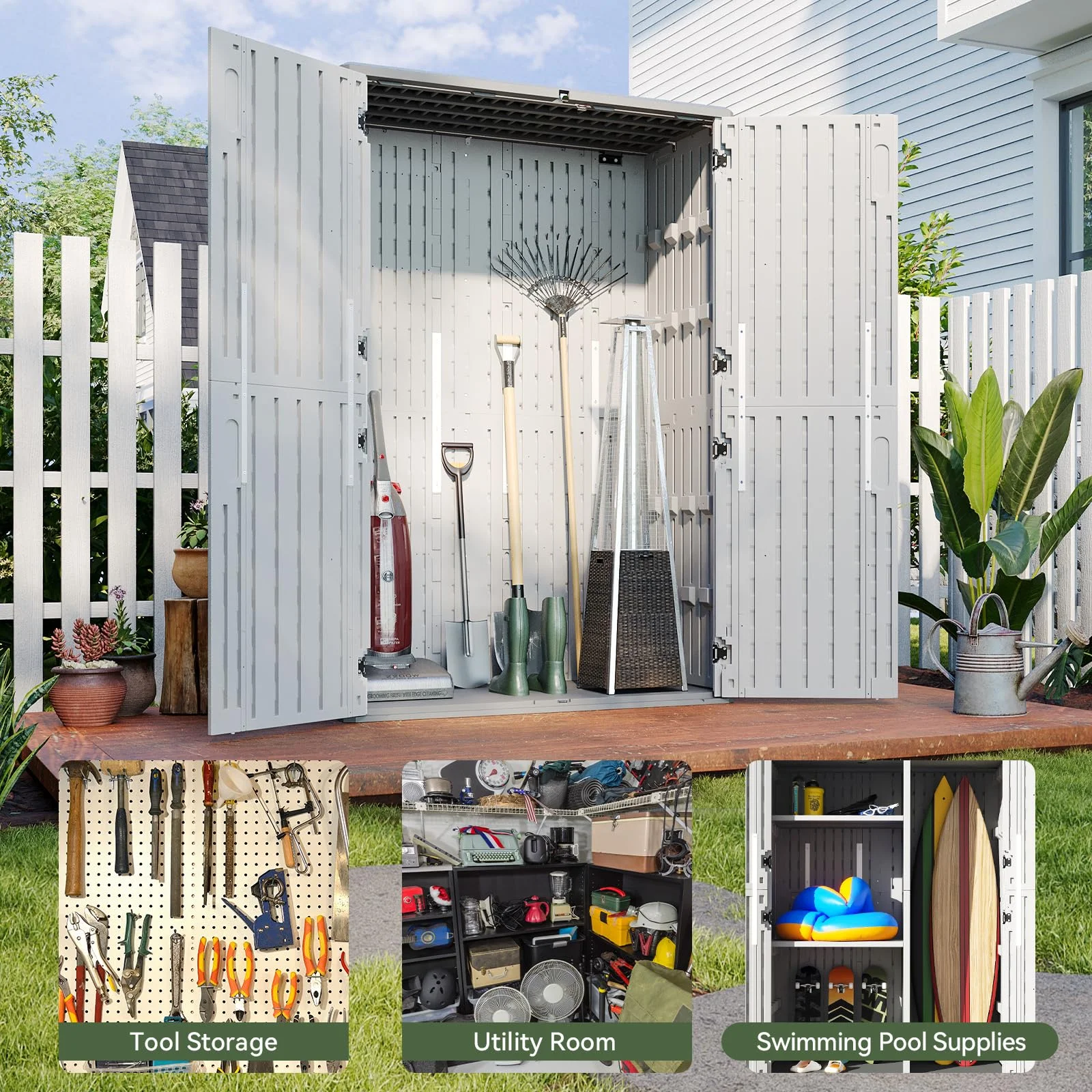 Aoxun Outdoor Storage Shed, 64 Cu.Ft Vertical Storage Sheds Outdoor with Floor, Outdoor Waterproof Storage Cabinet for Garage Storage, Pool Storage, Bike Shed, Garden Shed, Outdoor Storage(White) - Image 7