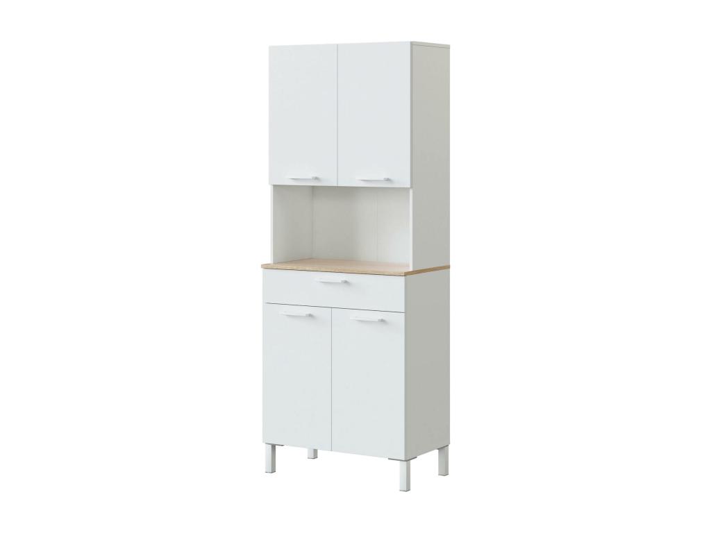 Armario multiusos Dbakke, Mueble auxiliar de cocina, Aparador con 4 puertas y 1 cajón con baldas, armario abierto, 72x40h186 cm, Blanco y Roble