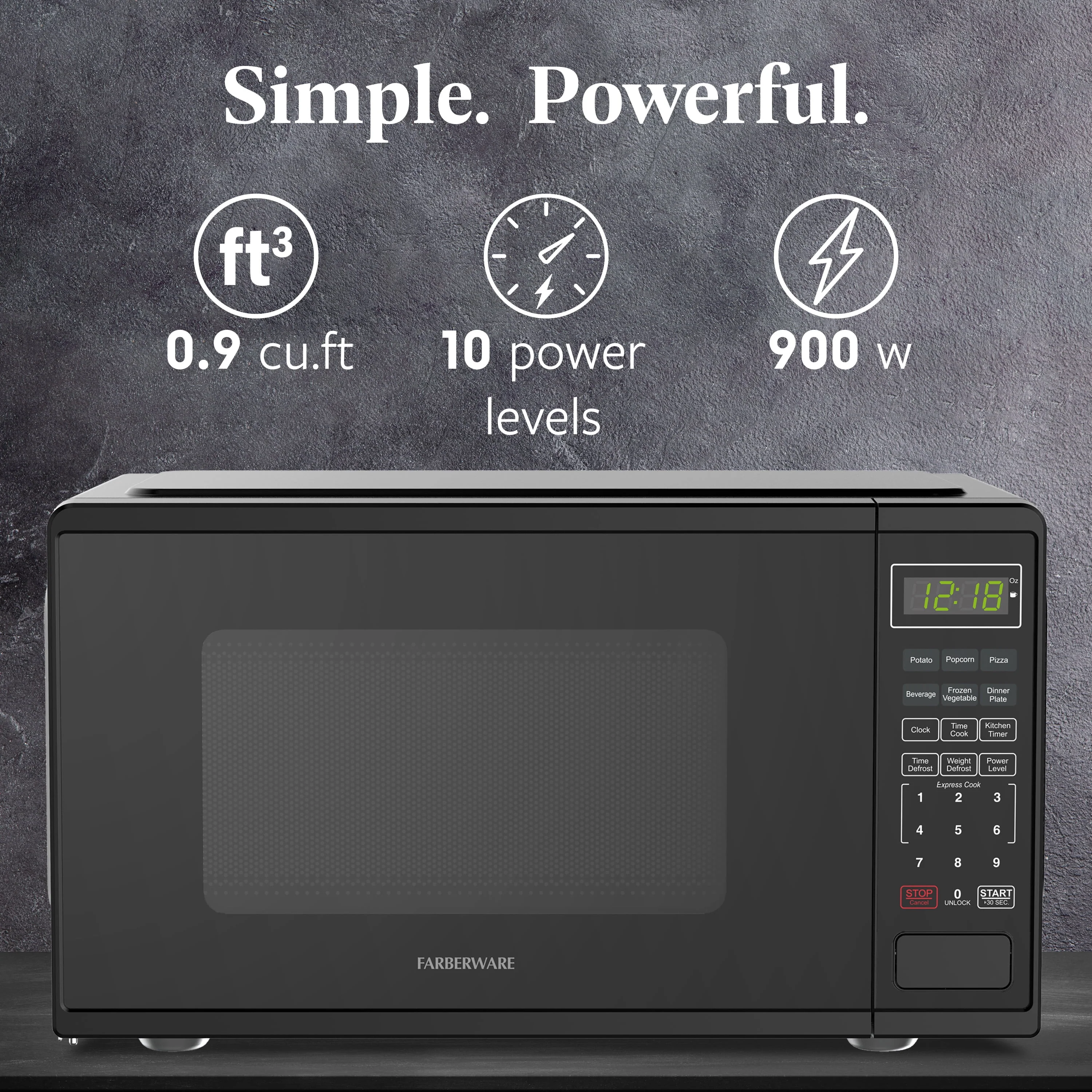 Farberware FMGZ09BKA 0.9 Cu. Ft. Microwave Oven, 900W, Digital Control, LED Display, 6 Cooking Presets, Black