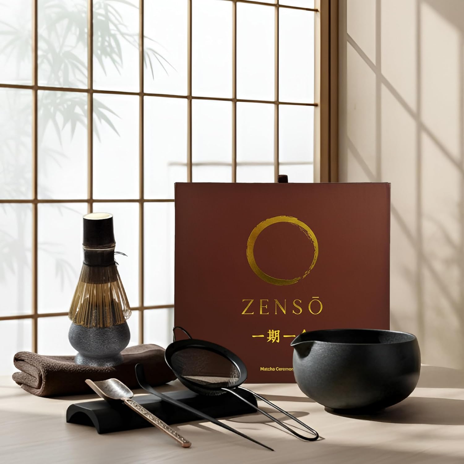 ZENSO Premium Matcha Whisk Set – 8 Piece Japanese Matcha Tea Ceremony Kit | Handmade Ceramics - Matcha Bowl, Purple Bamboo Whisk, Whisk Holder, Sifter, Scoop & Scoop Holder, Cloth, Spoon - Dark Gray