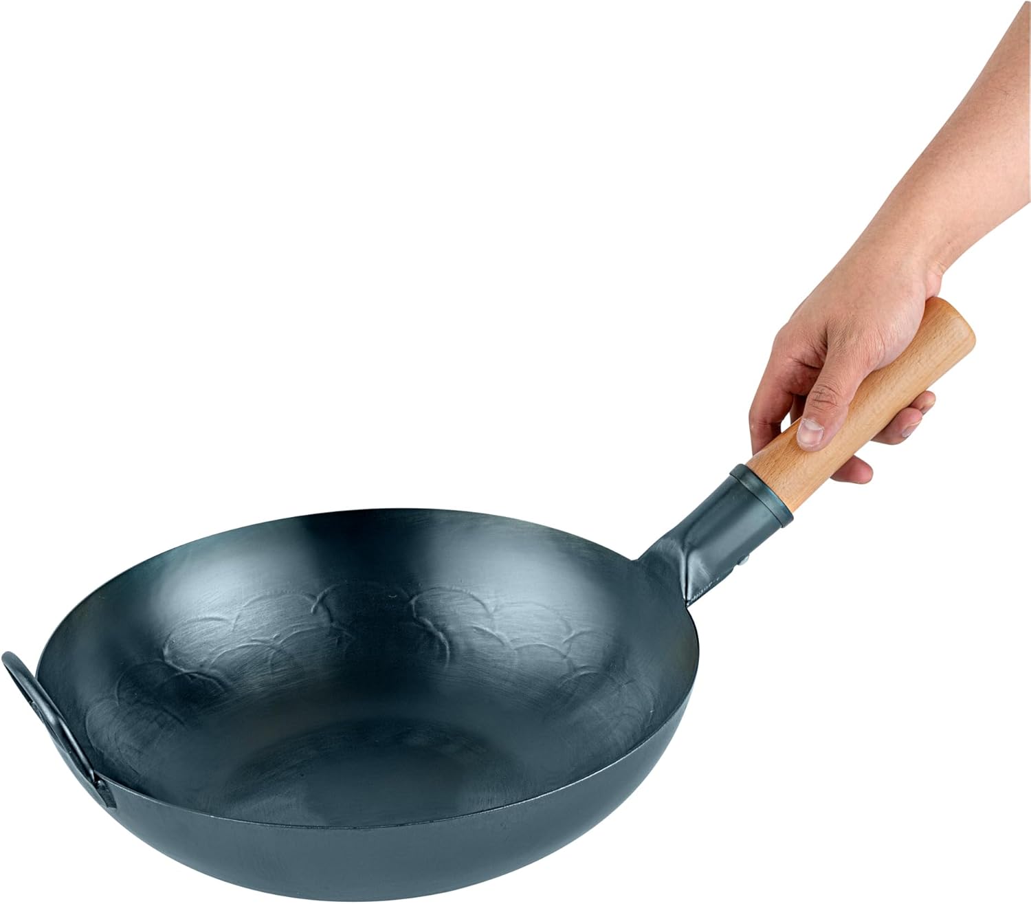 Restaurantware Carbon Steel Wok 1 Pack of 12 Inch Heavy-Duty Stir Fry Pan Blue Hand Hammered Wok Efficient Maneuvering Steel Helper Handle Uniform Heat Distribution Asian Cooking