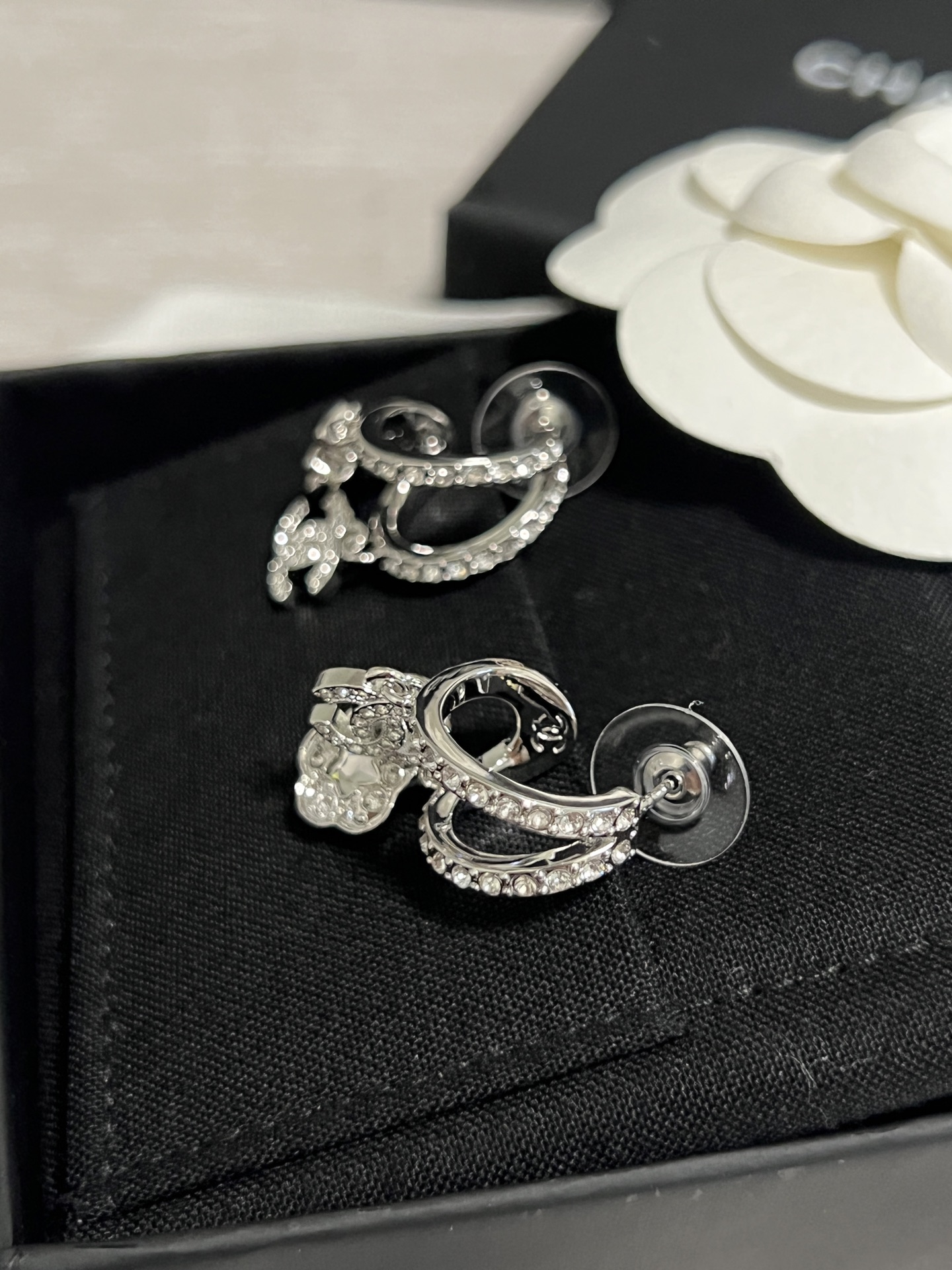 Chanel Asymmetric Silver Earrings with Rhinestone Perfume Bottle Camellia CC Dangle - Original Replica Club