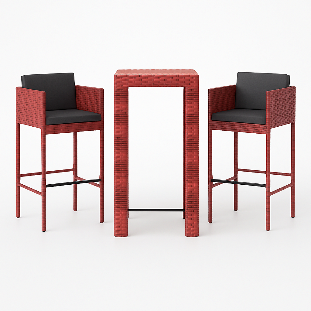 Bar de jardín con 1 mesa alta y 2 sillas, color rojo.