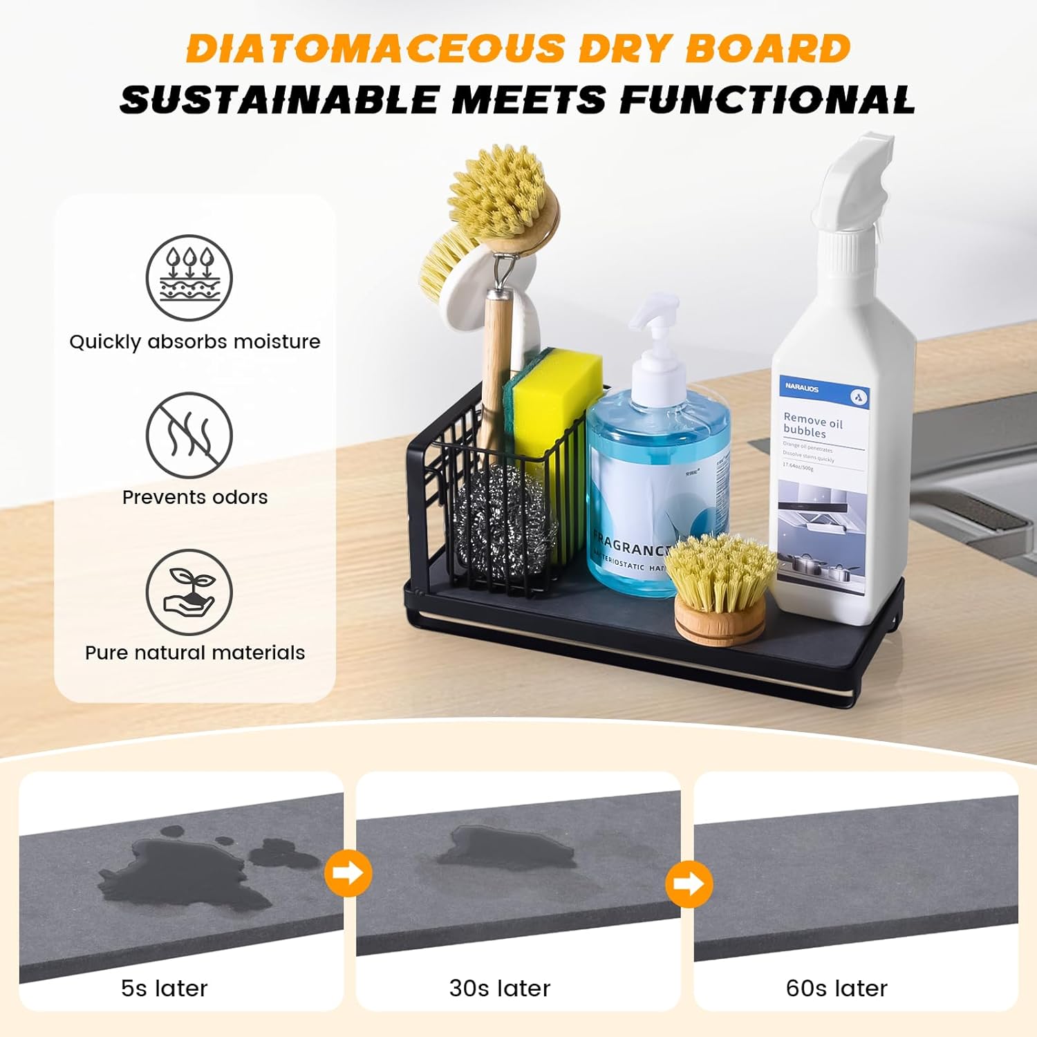 KONE Black Kitchen Sink Caddy: Kitchen Sponge Holder with Instant Drying Stone and Brush Holder, Rustproof Sink Organizer for Sponges, Soap, Home Decor Storage and Organization