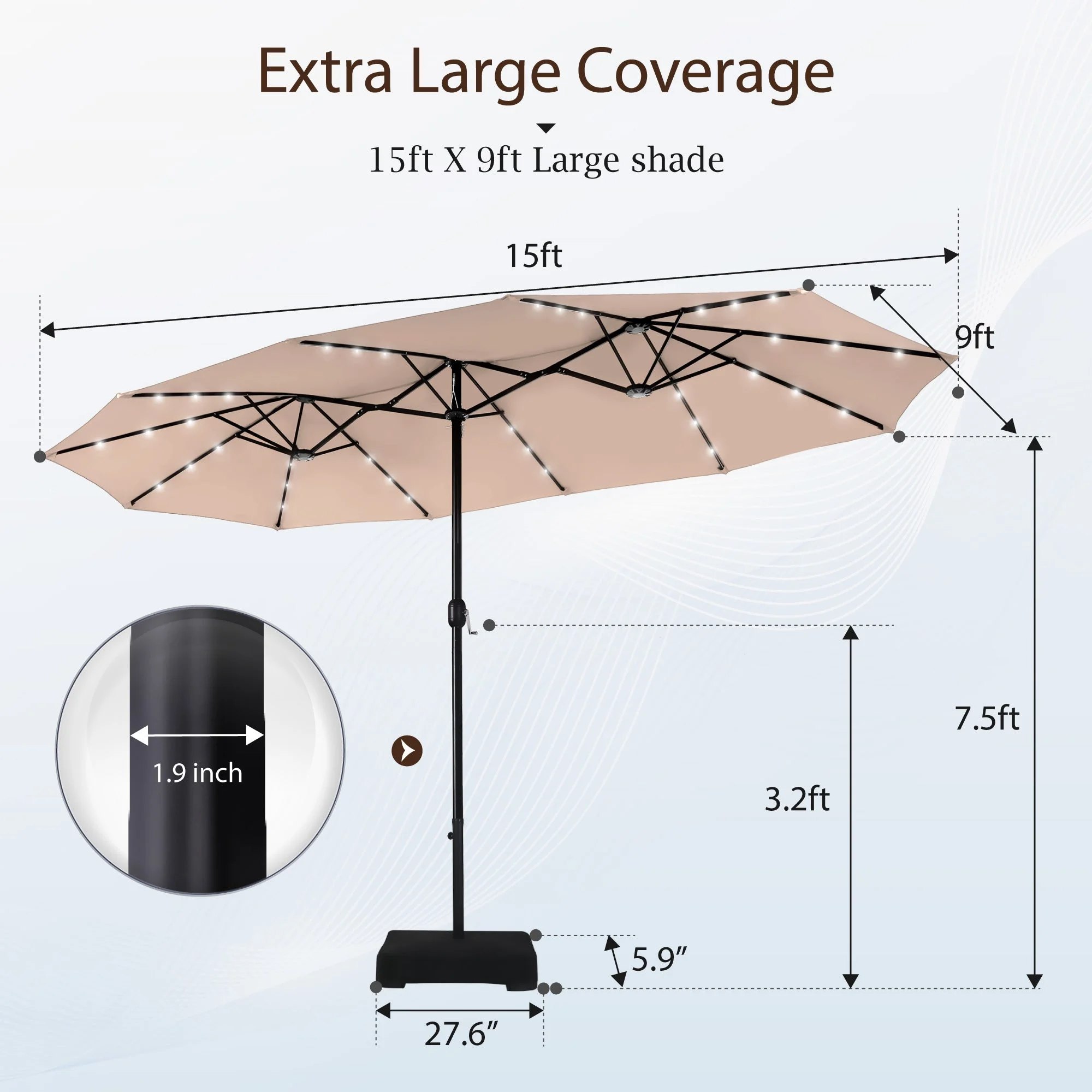 Alpha Joy 15ft Extra Large Outdoor Patio Double-Sided Umbrella with LED Solar Lights & Umbrella Base, Beige - Image 10