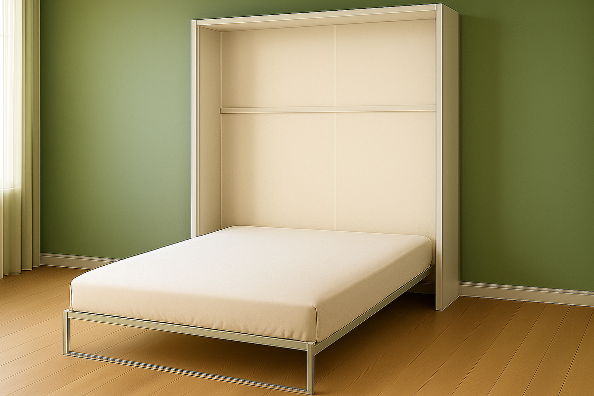 Cama abatible vertical espacio reducido diseño minimalista blanco madera