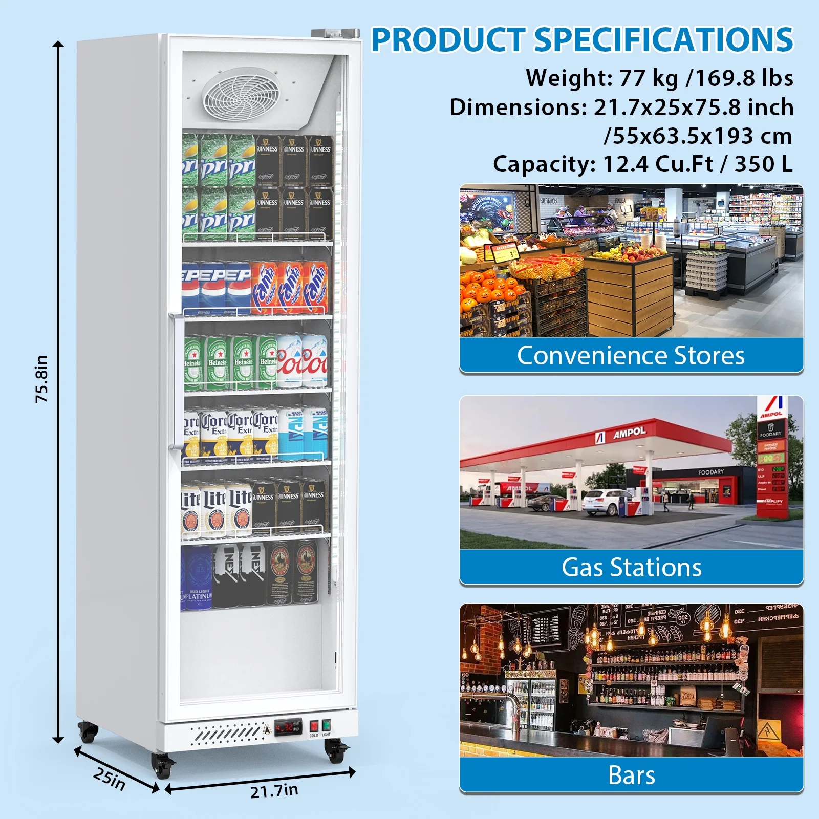 Garvee Commercial Refrigerator,12.4 Cu.ft Display Fridge Merchandiser Upright Beverage Cooler,Single Glass Door Fridge with Adjustable Shelves & LED Lighting,Black - Image 14