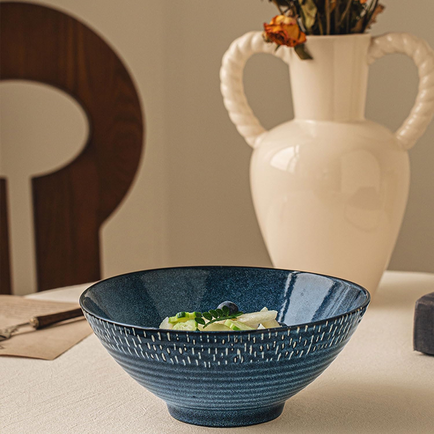Ceramic Ramen Bowl Set - Set of 8, 2 x Ramen Bowls with Chopsticks, Ceramic Bowl & Frame Spoon for Asian Noodles and Udon (2-Piece Bowl Set) (2-Piece Set Blue Starry Sky)