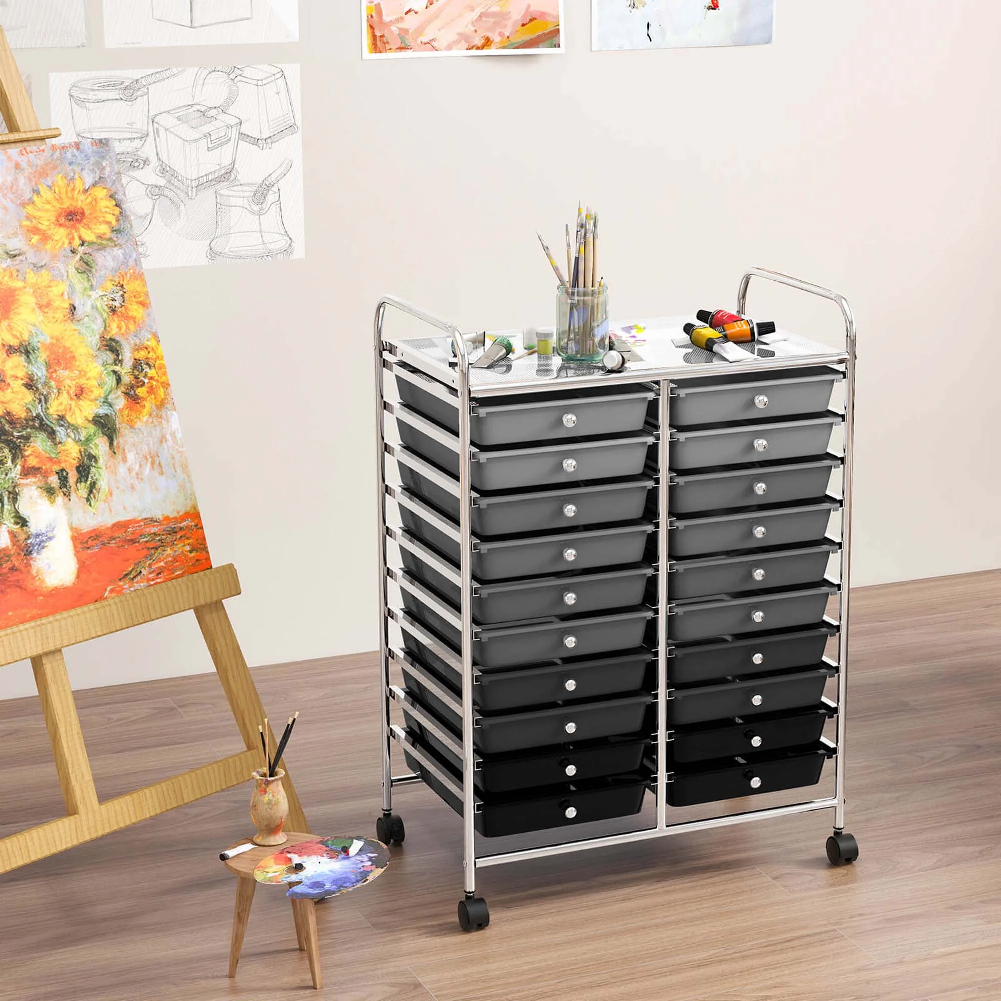 Costway 20 Drawer Rolling Storage Cart Tools Scrapbook Paper Office School Organizer Yellow - Image 92