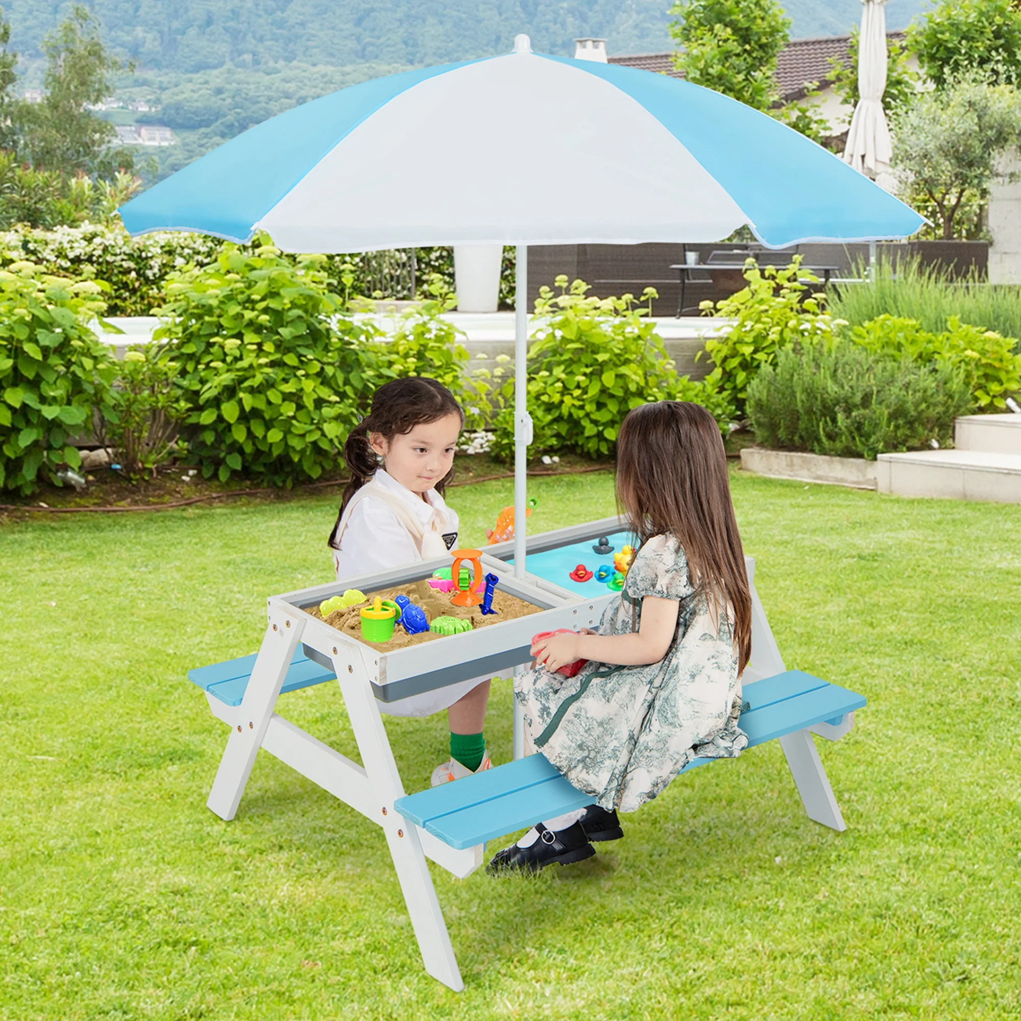 Costway 3-in-1 Kids Picnic Table Wooden Outdoor Sand & Water Table with Umbrella Play Boxes Green - Image 15