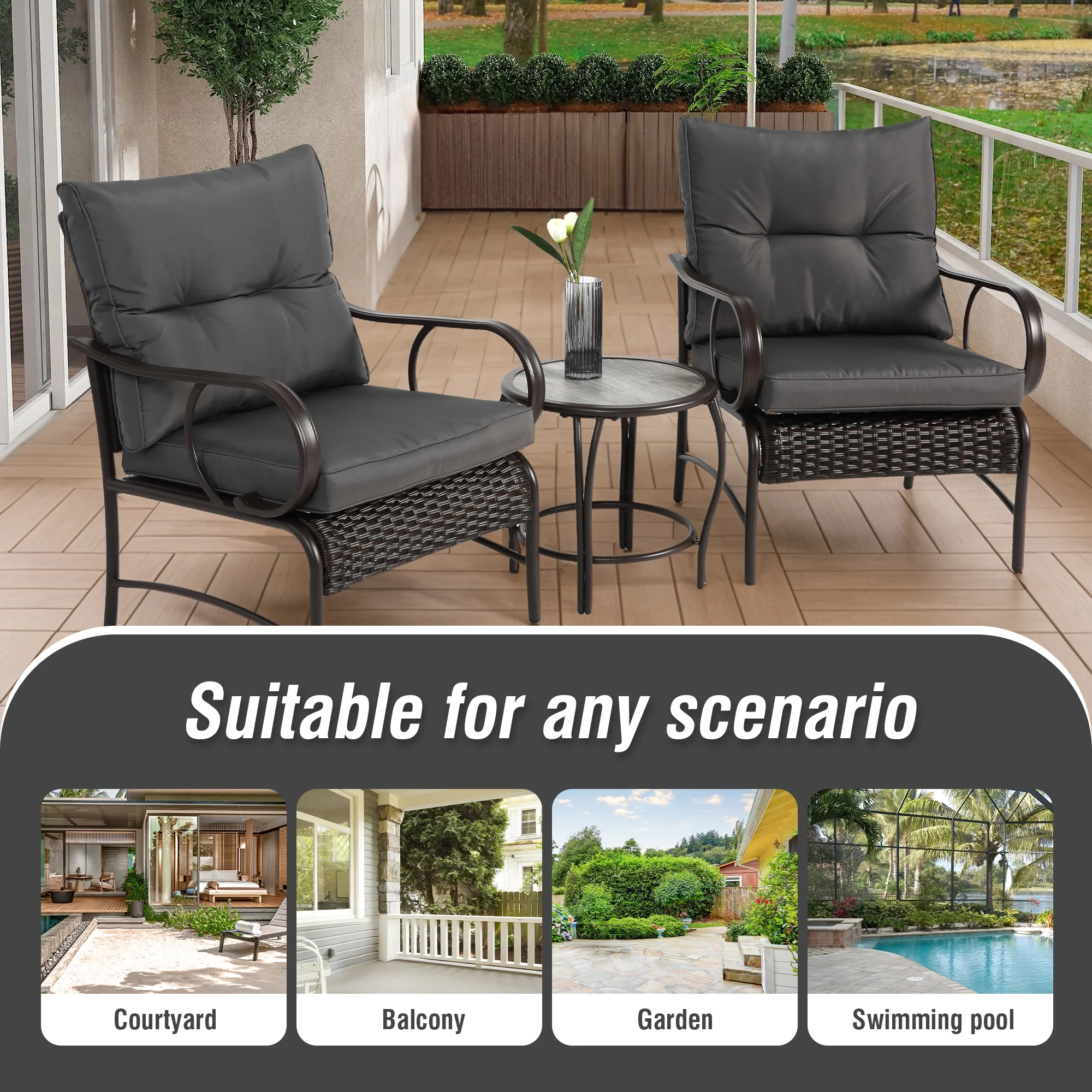 Villeston 3 Piece Outdoor Wicker Conversation Patio Set, with 2 Chairs, Table for Porch Garden,Blue - Image 16