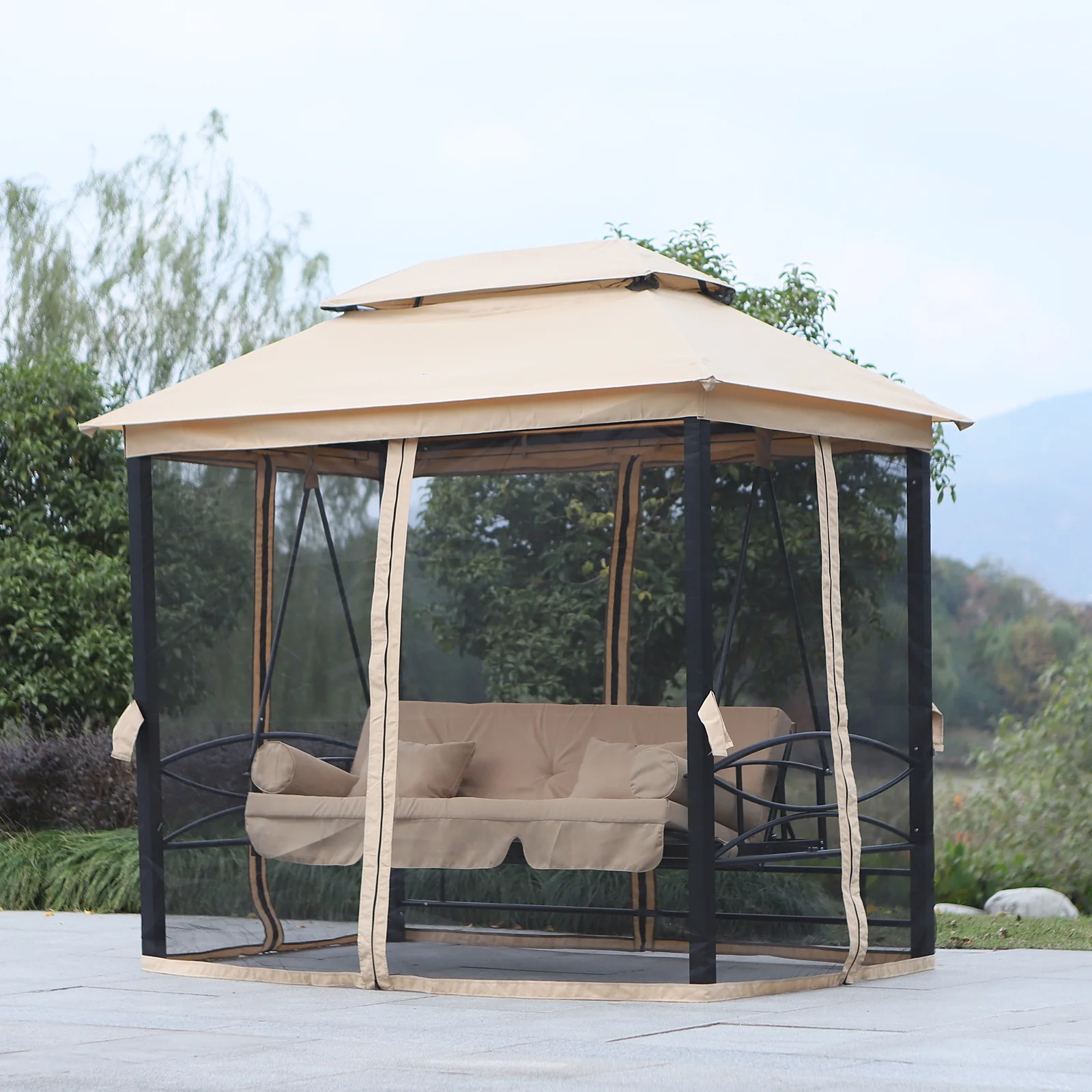 Outsunny 3 Person Patio Swing Chair, Gazebo Swing with Double Tier Canopy, Cushioned Seat, Mesh Sidewalls, gray - Image 13