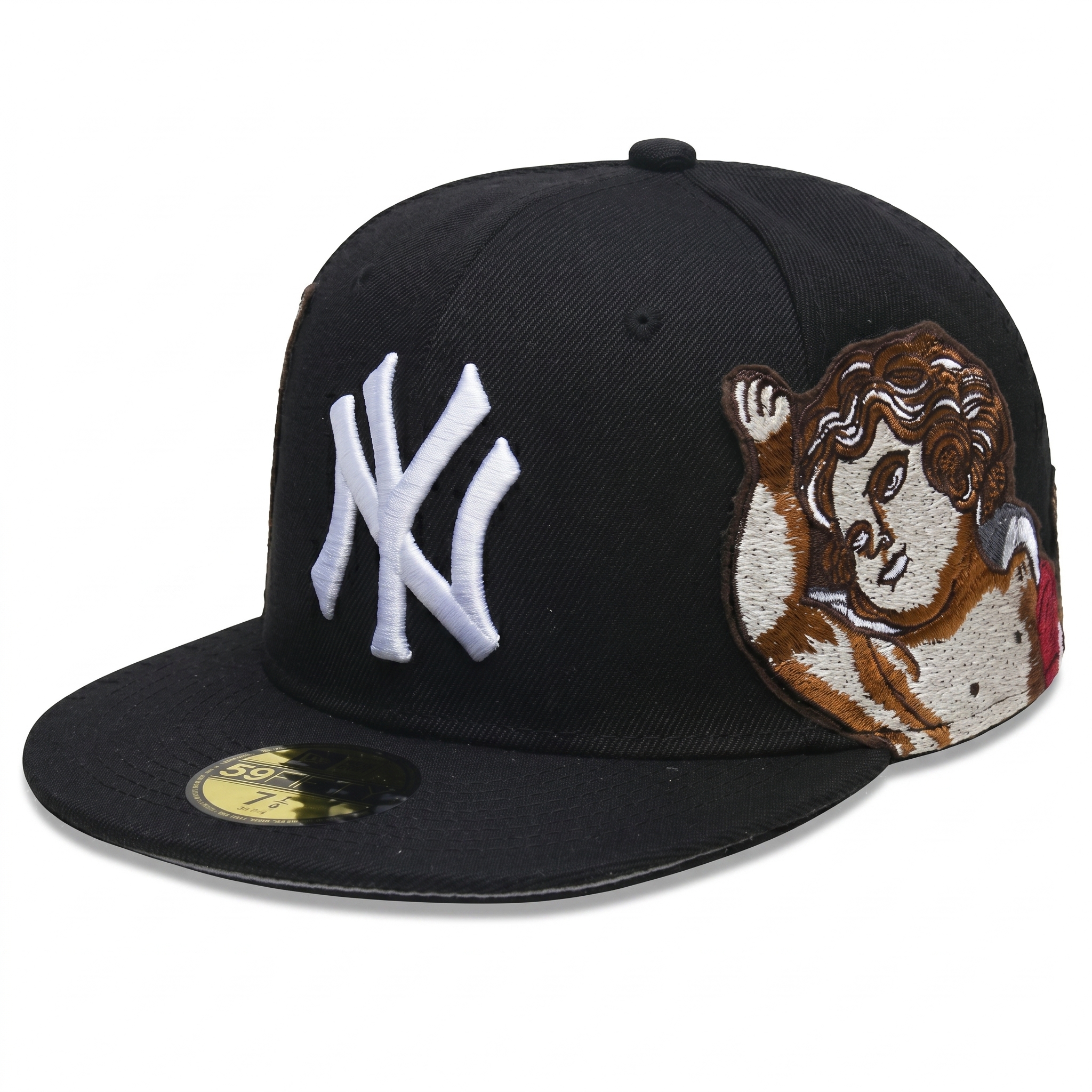 Left angled view of the structured black New York Yankees 59FIFTY cap, highlighting the raised white NY logo and the edge of the cherub side patch.