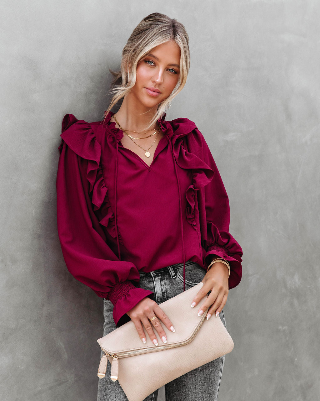 Marion Ruffle Long Sleeve Top - Burgundy - Se7enfashion