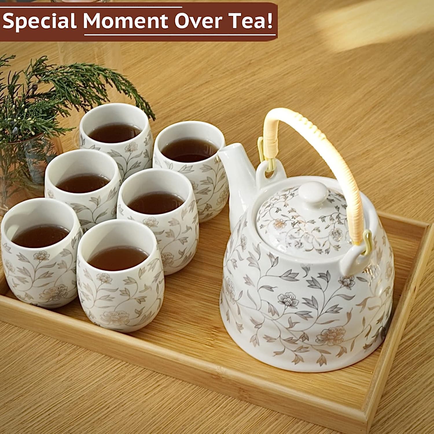 La Belle Vie Japanese Tea Set, White Porcelain Tea Set as Gift, 1 Pot (32.1oz), 6 Cups (6.1oz), 1 Stainless Steel Tea Infuser, 1 Bamboo Tray, Pretty Gift for Birthday, Festivals, Events