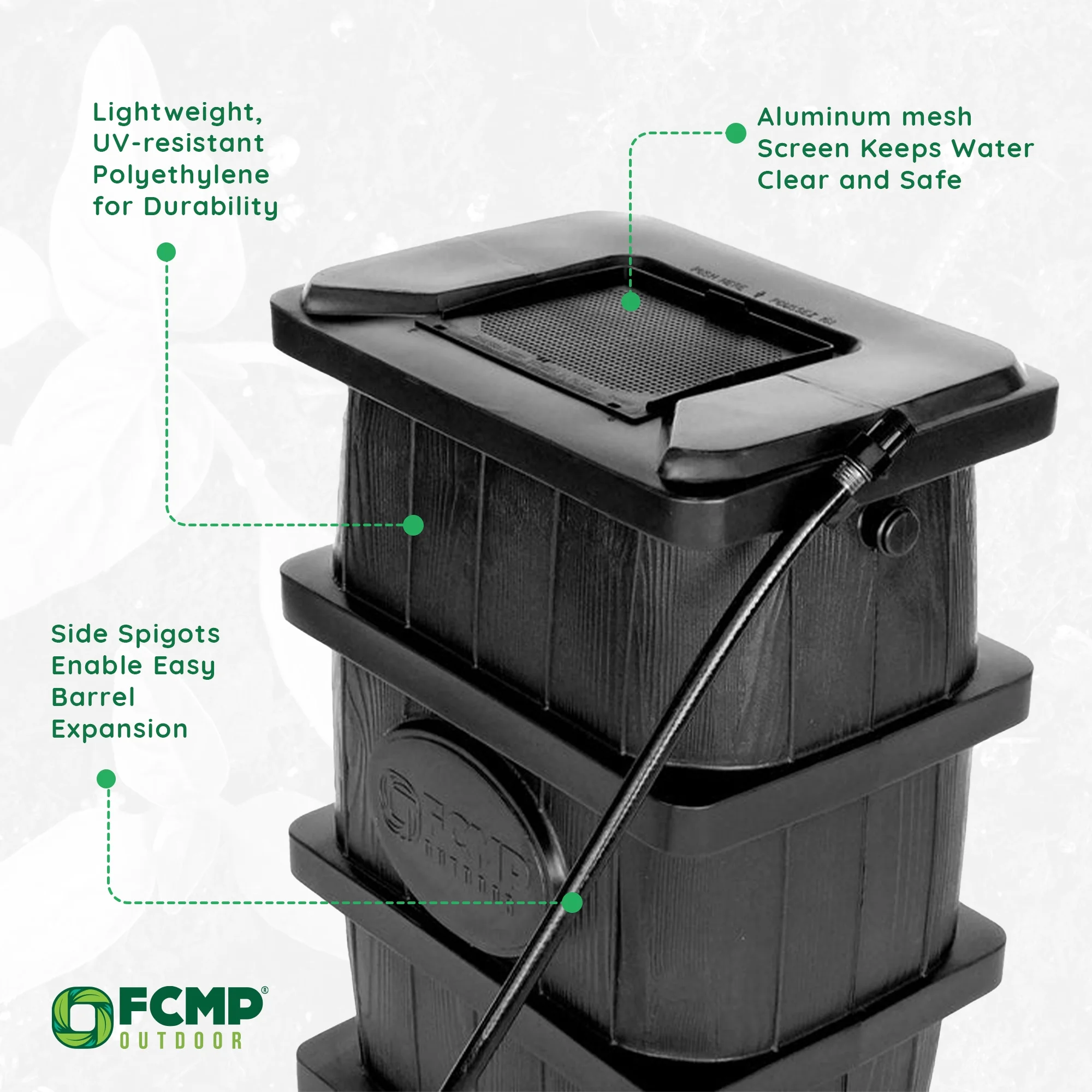 FCMP Outdoor WG4000-GRY Home Outdoor Wood Grain Rain Water Catcher Barrel - Image 15