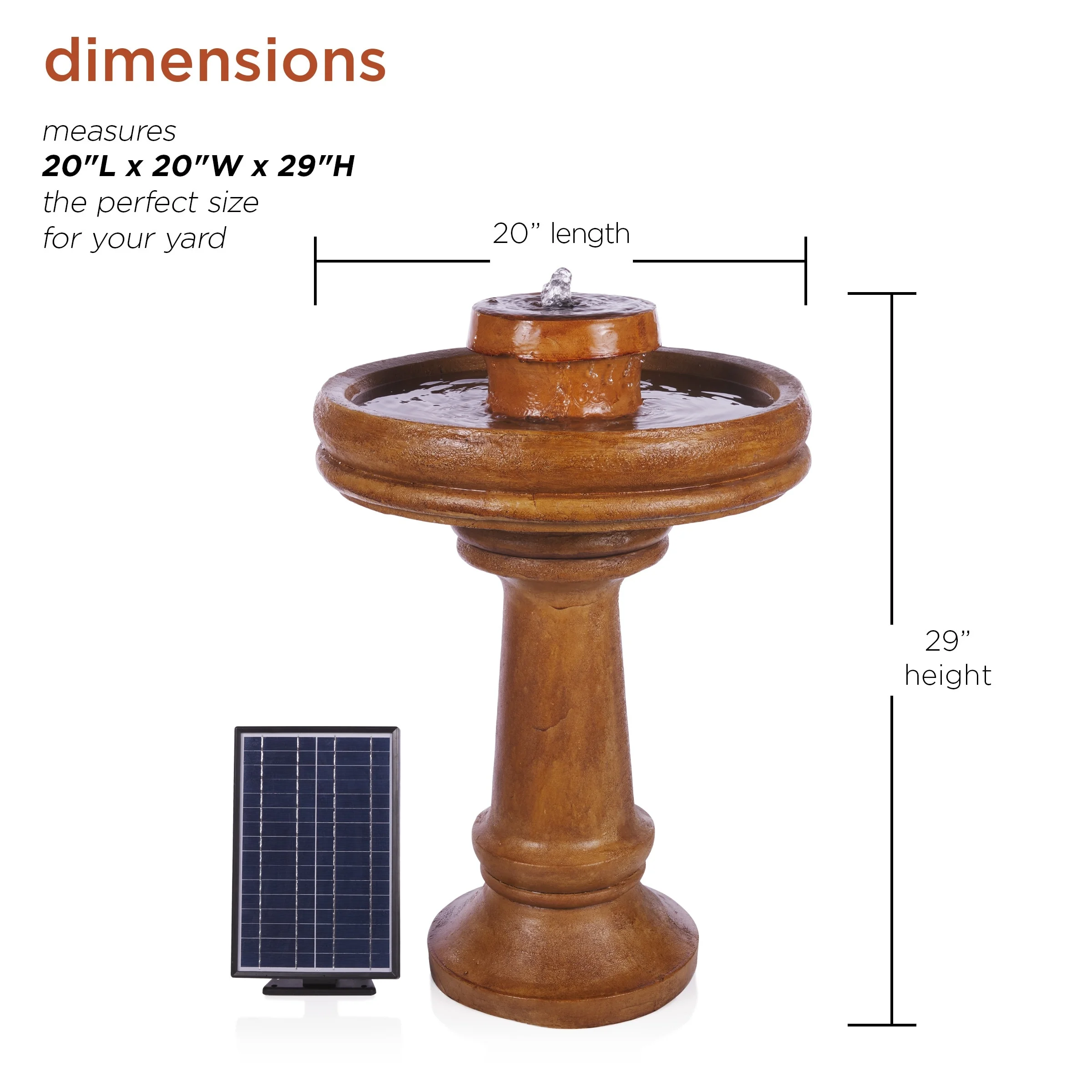 Alpine Corporation 29" Outdoor Birdbath Fountain with LED Lights Classic Pedestal Solar-Powered Garden Water Feature, Brown - Image 3
