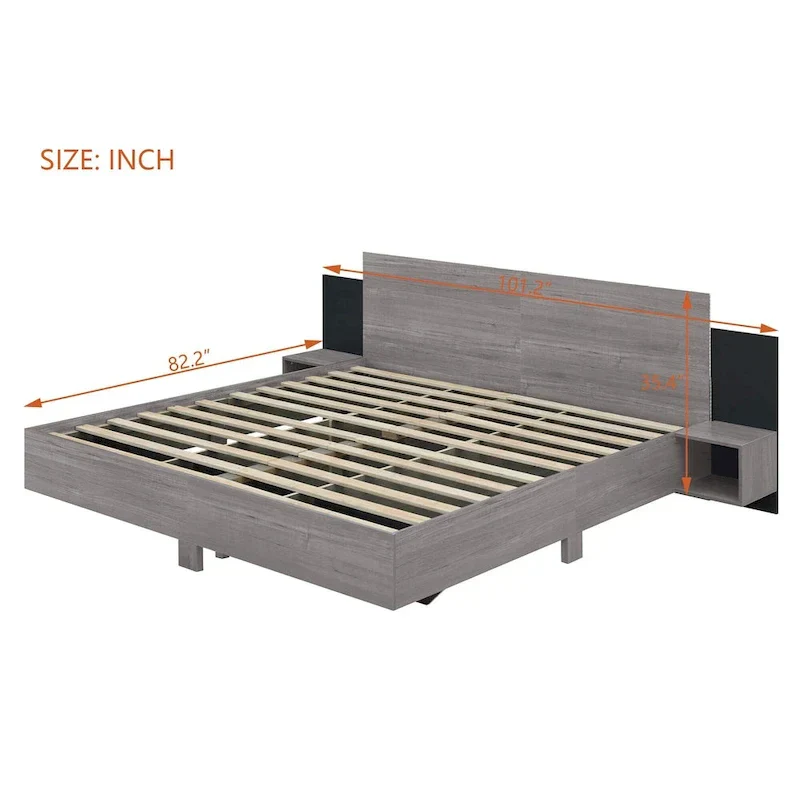 Modern King Size Wooden Floating Bed Frame with Nightstand and LED - Slatted Support Design