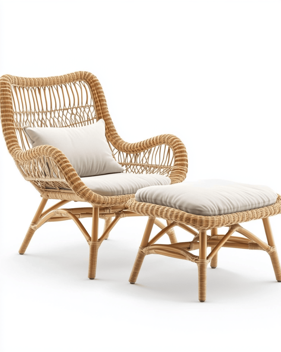 Sillón reclinable de exterior con reposapiés – ratán natural – cojines beige – respaldo curvado – estilo bohemio