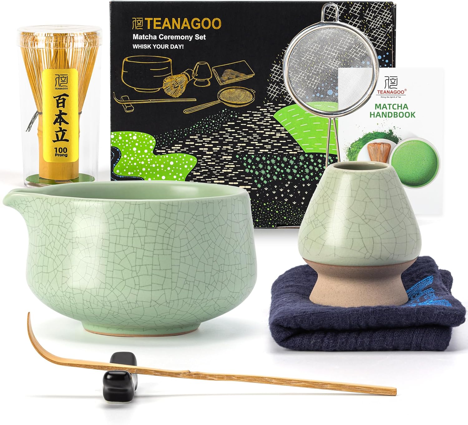 TEANAGOO Matcha Whisk Set, 7 Pcs Matcha Set Blue, Matcha Kit for Ceremony, Matcha Tea Set for Making Breakfast/Latte, Ceramic Matcha Bowl(chawan) whith Spout and Whisk, Gift for Friend/Family
