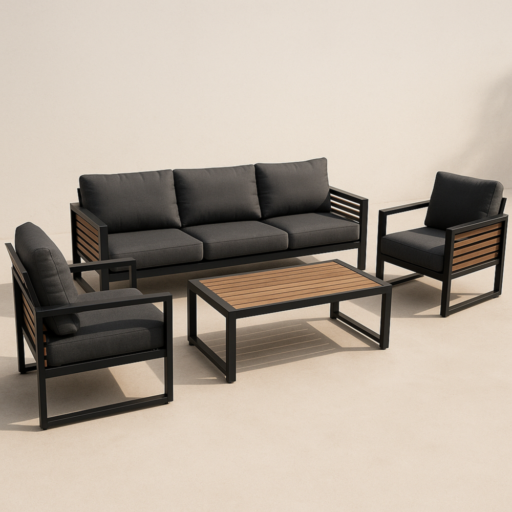 Conjunto de Sofá 3 Plazas Negro con 2 Sillones y Mesa de Centro - Dimensiones: Sofá 200x75x70 cm
