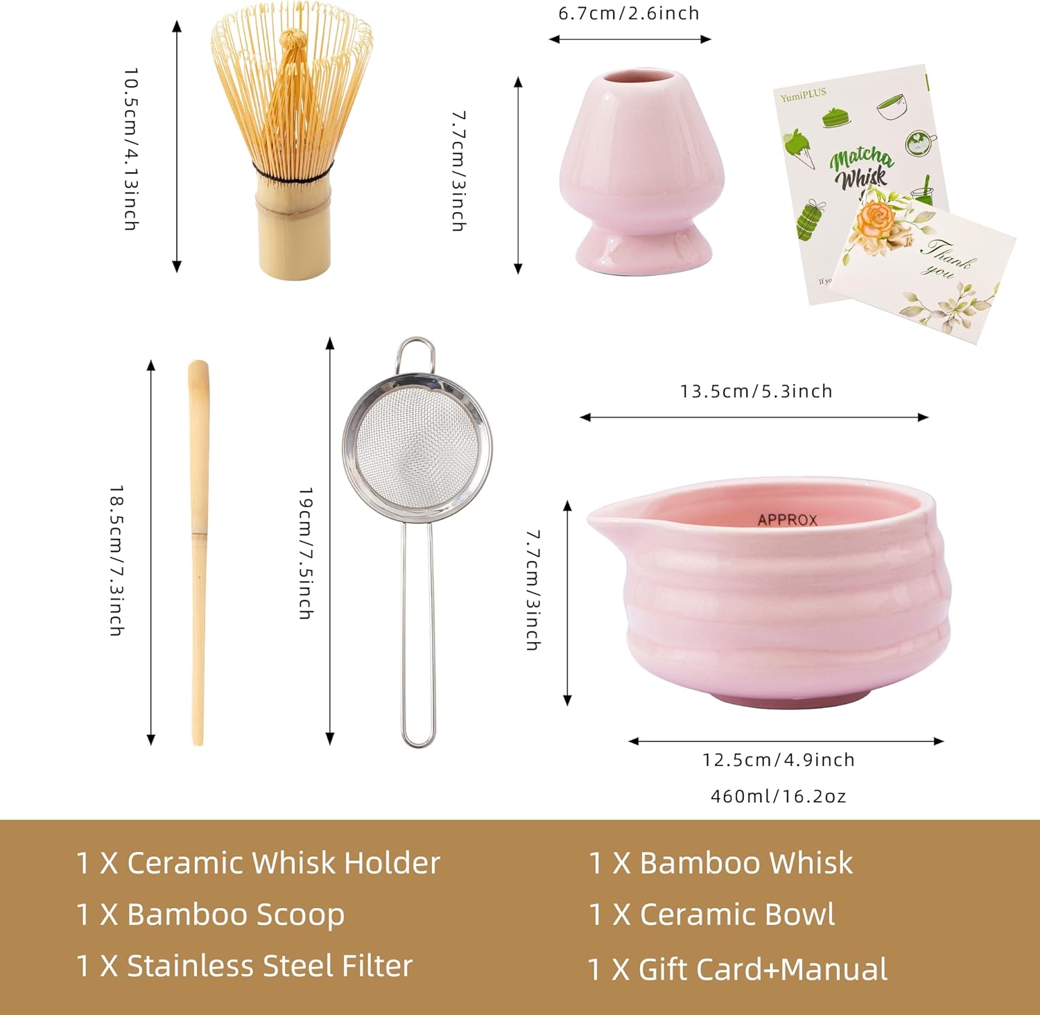 5pcs Premium Matcha Set,Ceramic Bowl with Spout and Bamboo Whisk set, Ceremonical Matcha Kit for breakfast/latte,Tea Starter Making Kit,Unique Matcha Gift set (pink)