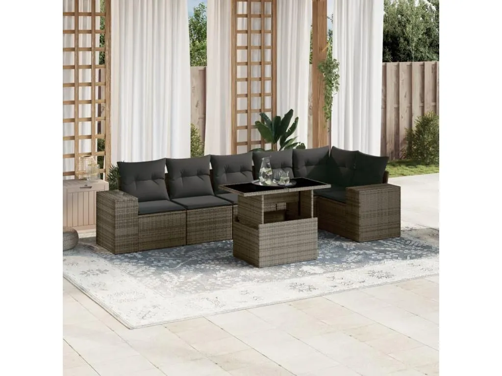 Set de sofás de jardín 7 pzas con cojines ratán sintético gris 18401AHYB