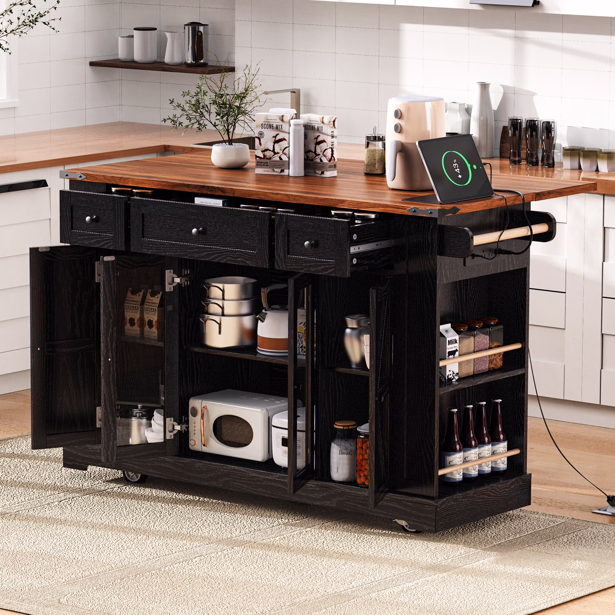 Euroco 53'' Farmhouse Kitchen Island with Two Tempered Glass Cabinet Doors��Rolling Kitchen Cart on Wheels