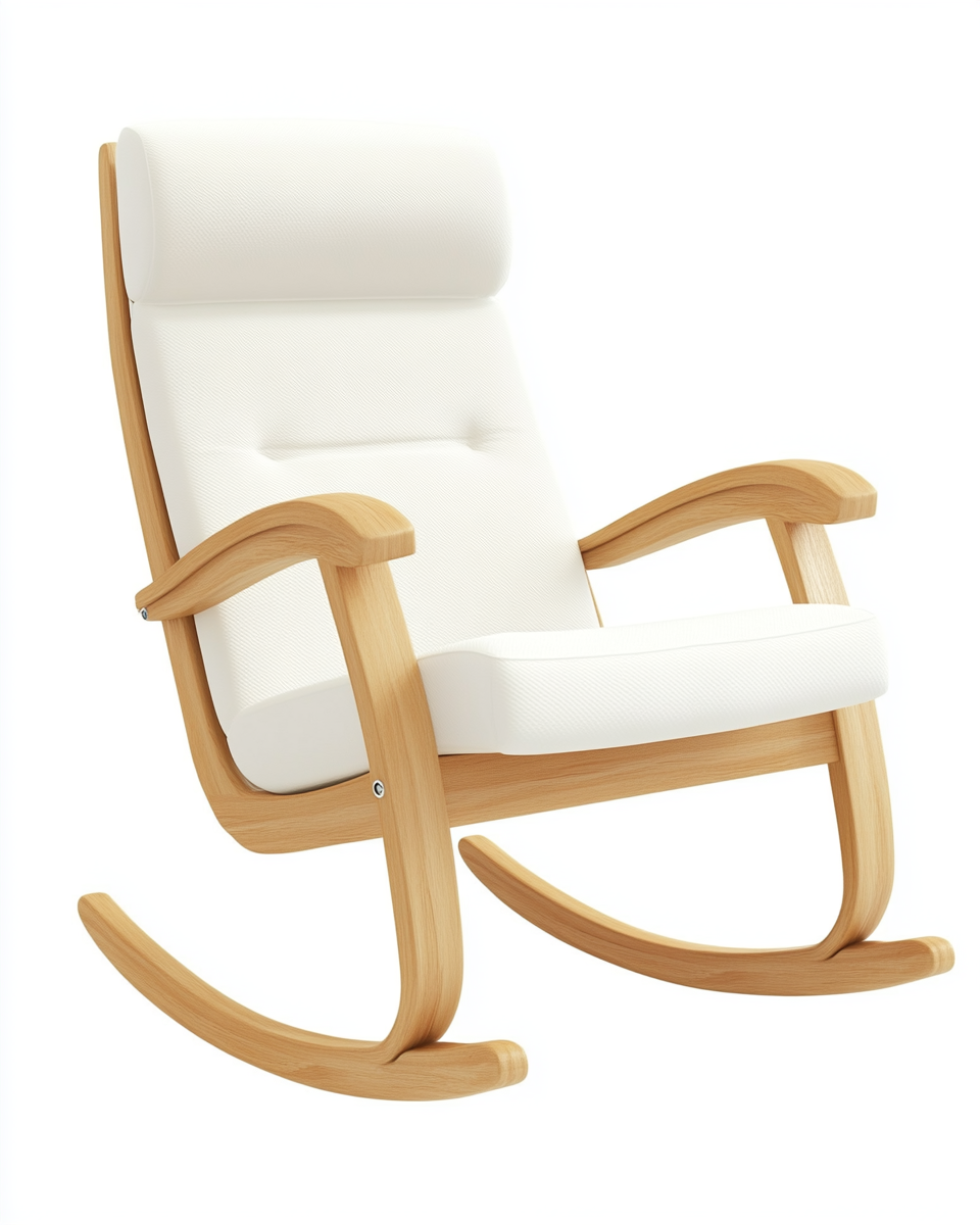 Sillón mecedora ergonómico de madera clara con cojín blanco, estilo escandinavo