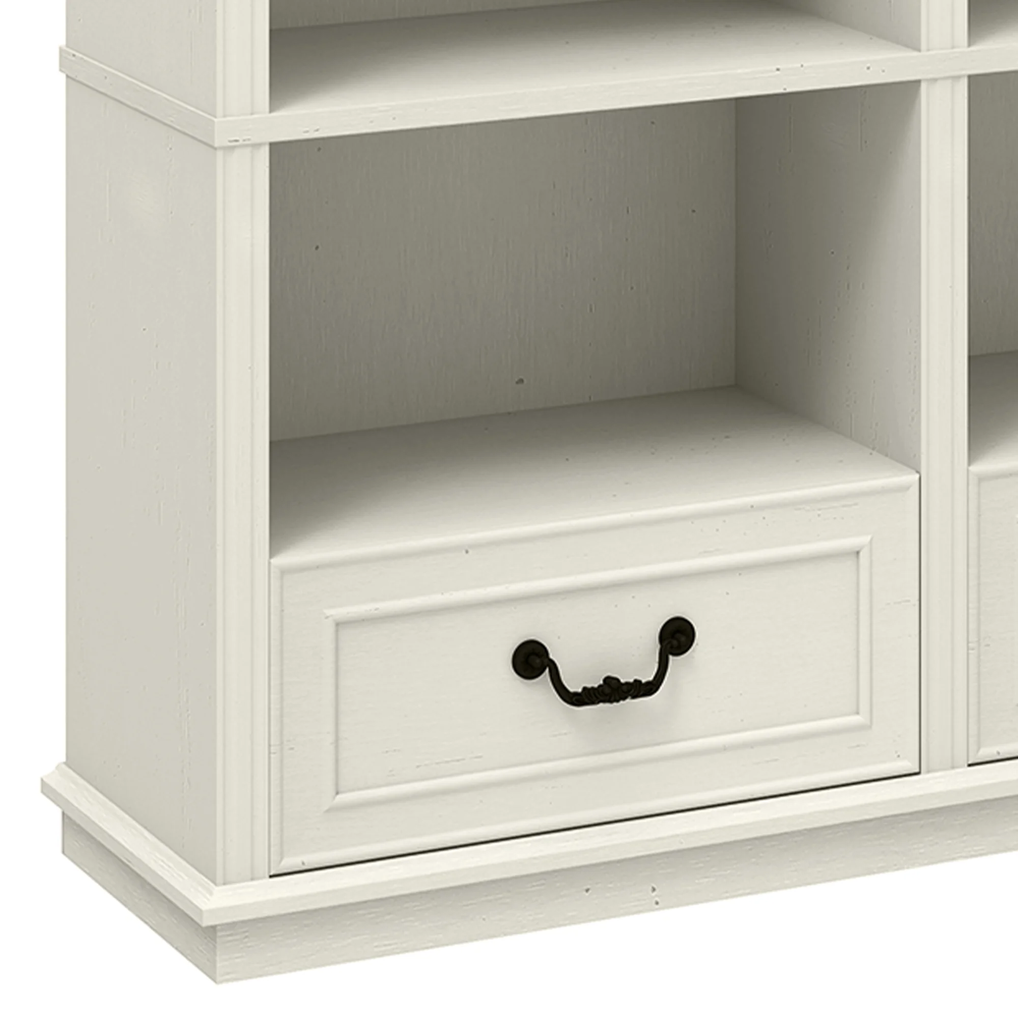 ModFusion 70" Distressed White Bookshelf with Adjustable Shelves and Two Drawers - Image 9