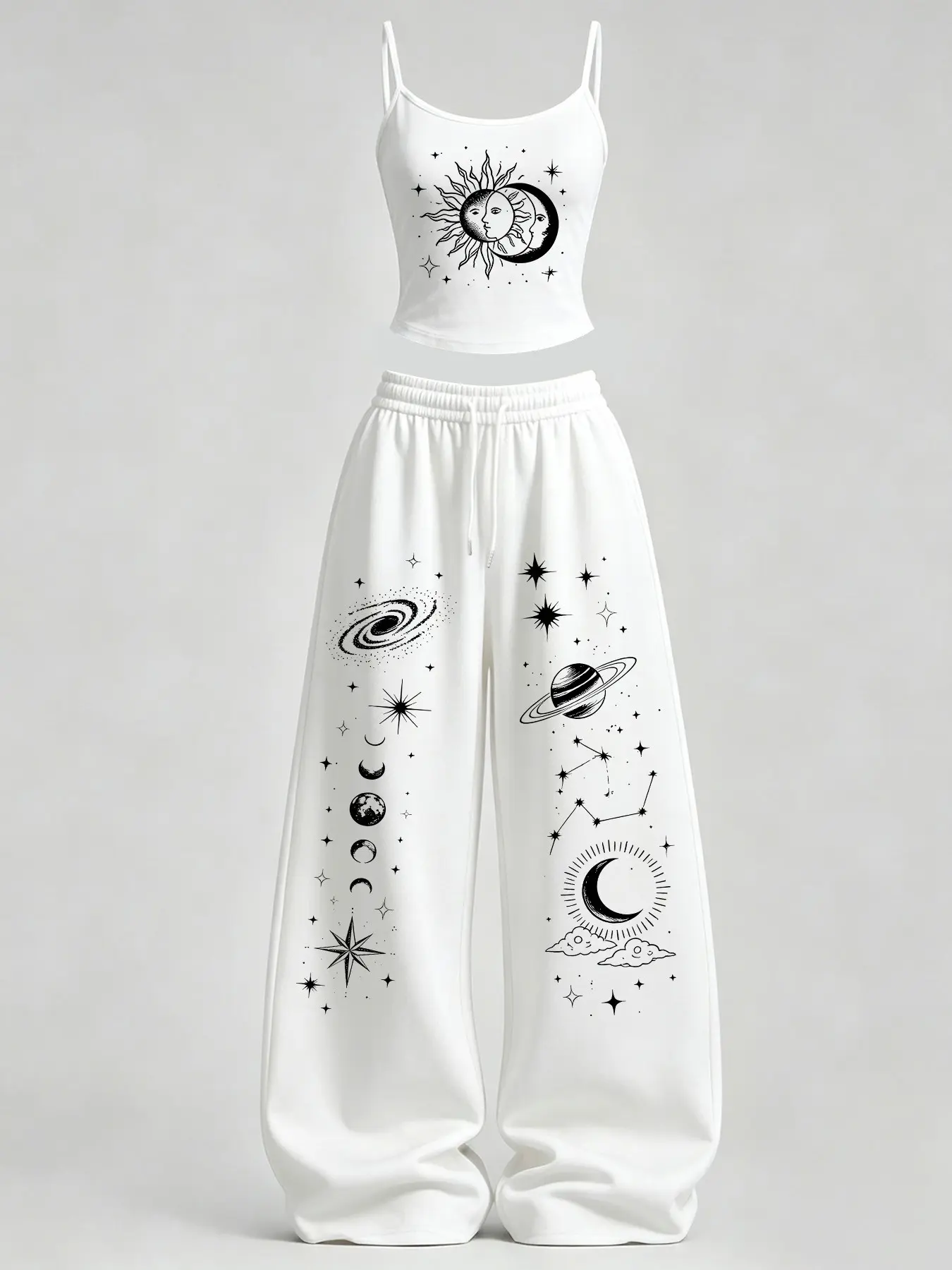 Women's Casual Tank Top Set, Sun Moon Star Print Slim Fit Vest + Loose Pants TeeThreads Sustain the Scene with Custom Apparel