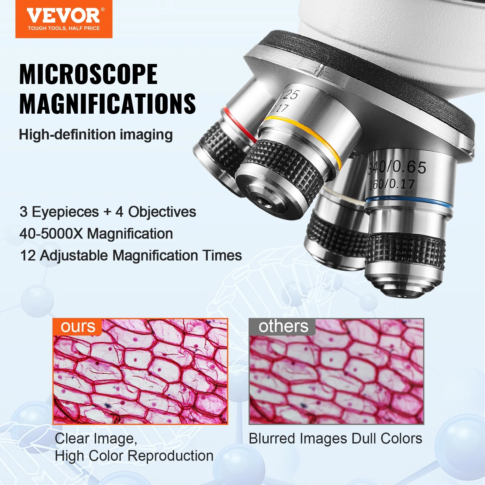 VEVOR Compound Trinocular Microscope, 40X-5000X Magnification Trinocular Compound Lab Microscope with Two-Layer Mechanical Stage, External Interface, LED Illumination and Microscope Slides Included - Image 2