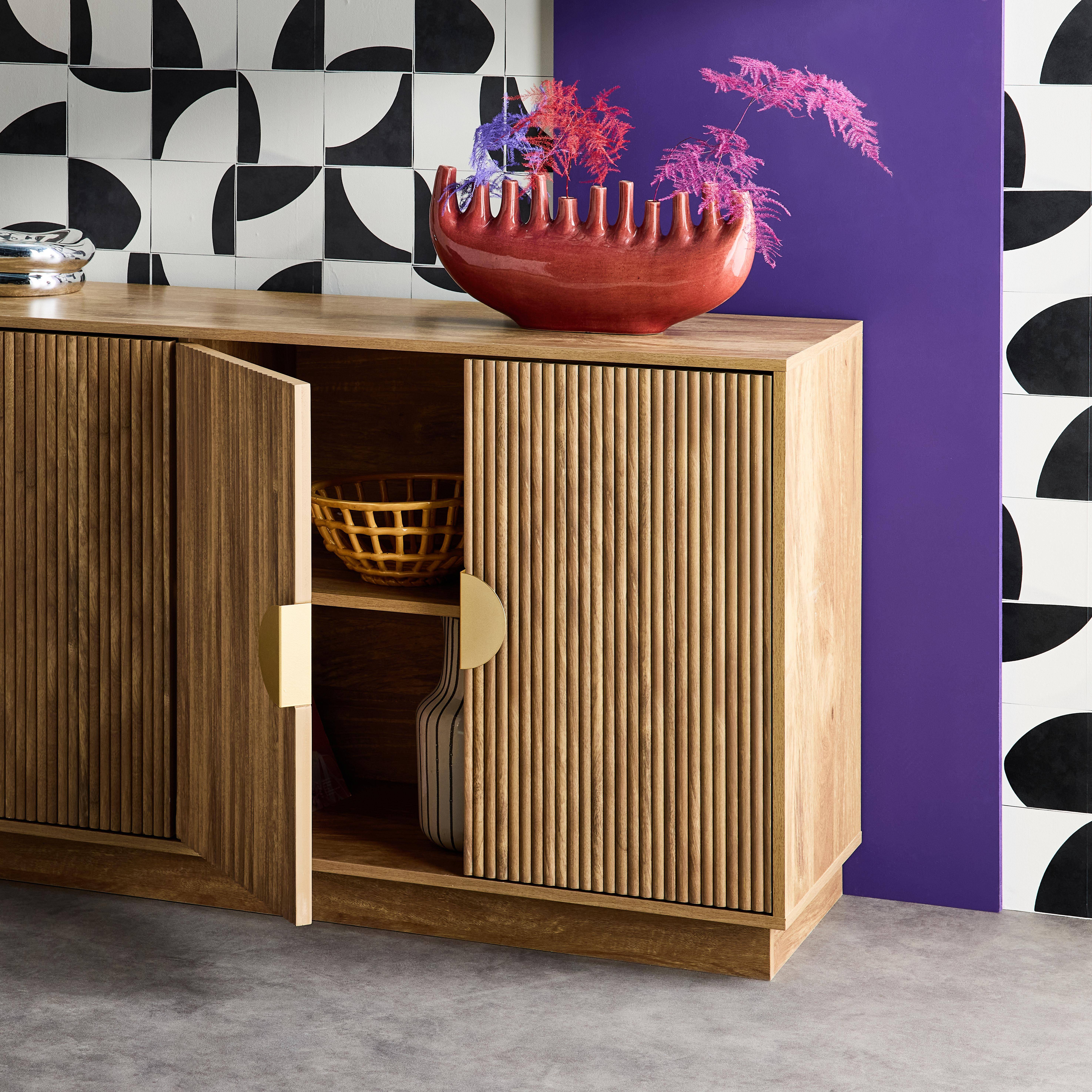 Celian - Aparador de 4 puertas efecto madera de mango, acanalado, 160cm
