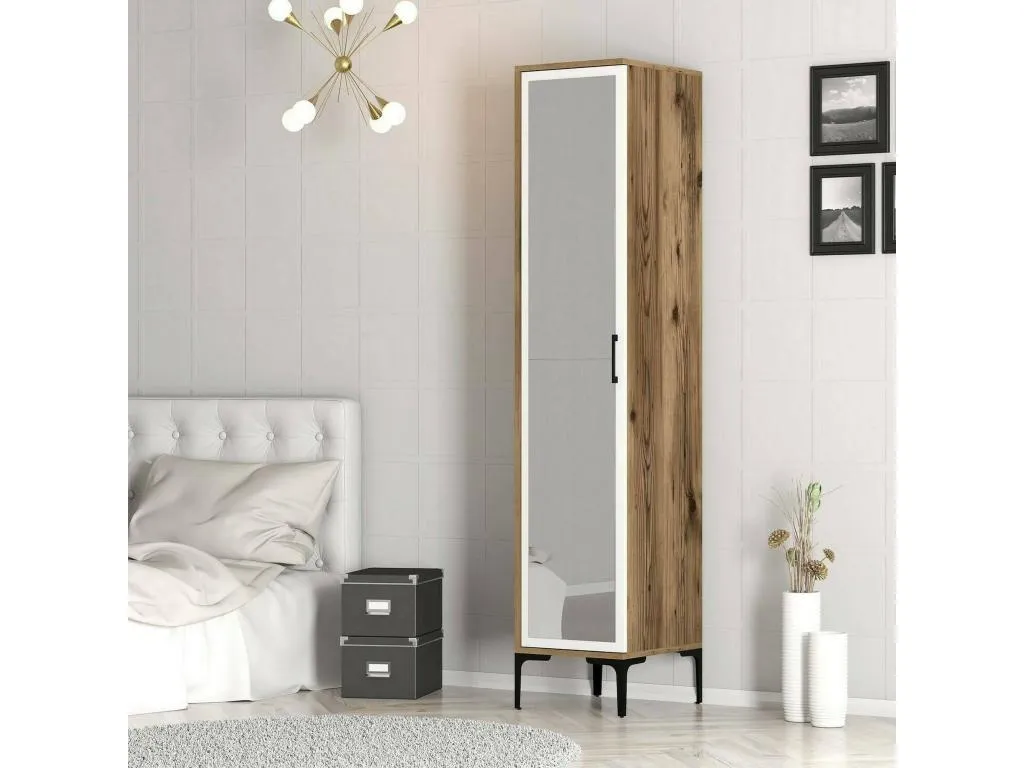 Armario multiusos 1 puerta Boverdeco Mueble alto para baño o cocina Armario alto multifuncional Gabinete multiusos 40x201h48 cm Nogal y Blanco