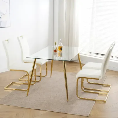 4-Piece Modern Faux Leather Dining Chair Set with Gold Metal Legs and Padded Seats