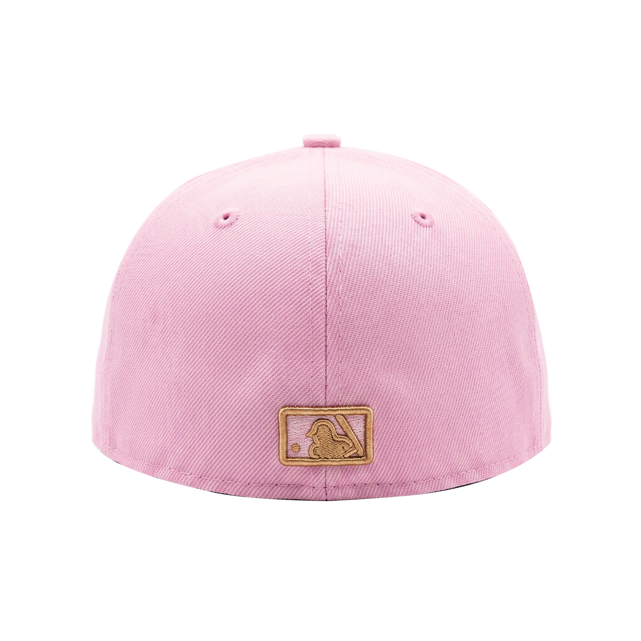 Back view of the pink Los Angeles Dodgers 59FIFTY fitted hat featuring a metallic gold embroidered MLB Batterman logo.