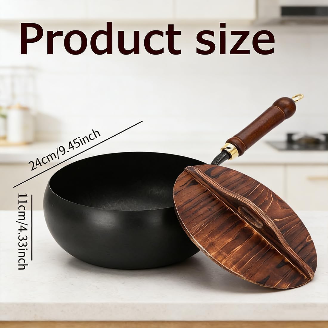 Uncoated Thick Iron Pot, Even Heating Non-Stick Japanese Wok Pan with Lid, Hand-Forged Japanese Cast Iron Wok with Spatula, Cast Iron Pot for Induction, Gas & Electric Cooktops (24cm-Wooden)