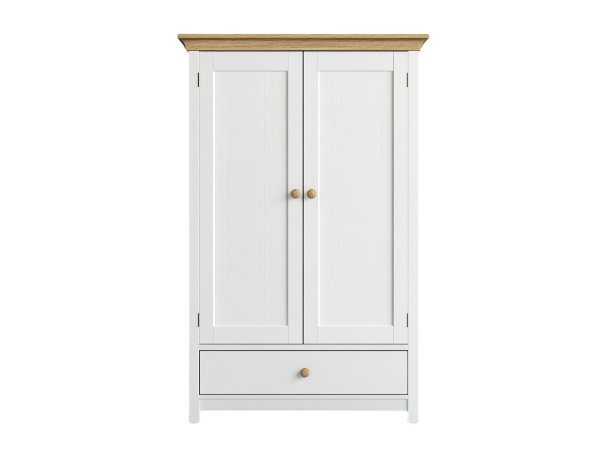 Armario de 2 puertas con cajón, acabado blanco y detalles en madera natural, ideal para dormitorio o vestidor HY8281768